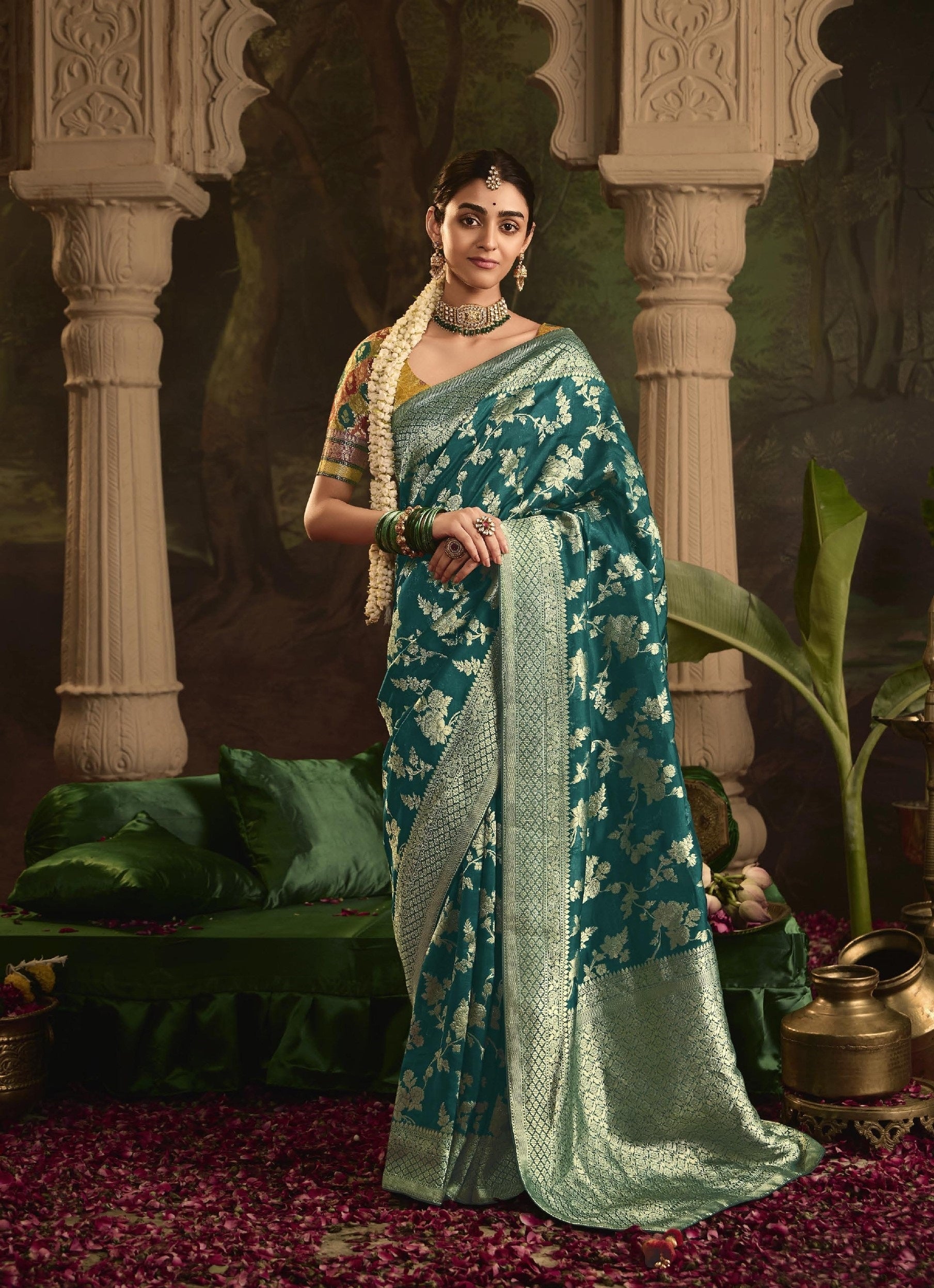 Teal Green Dola Silk Festival Wear Saree