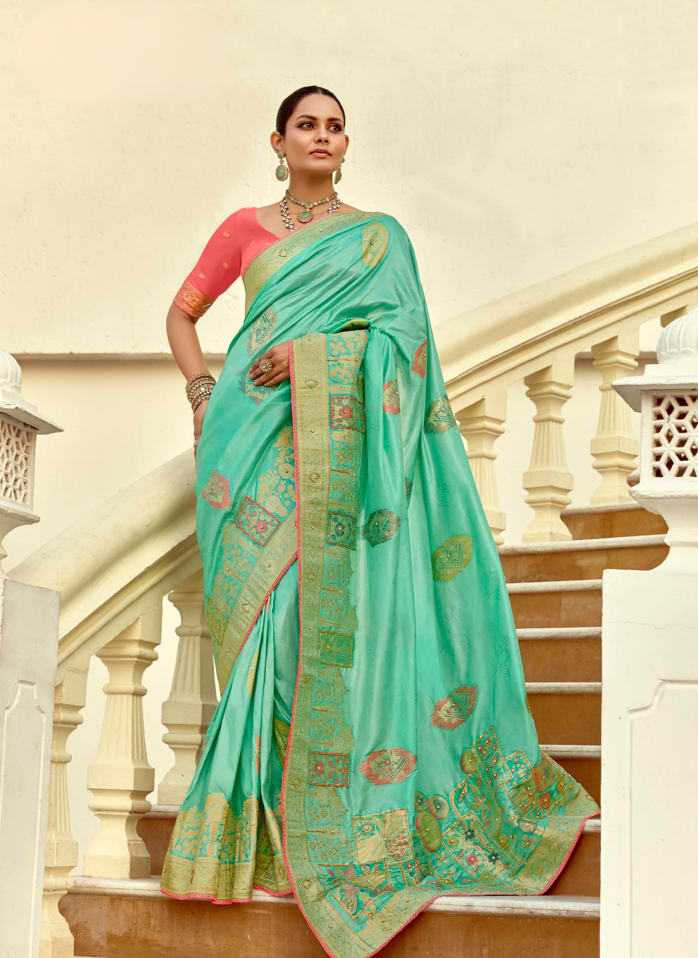 Mint Green Silk Zari Work Designer Saree