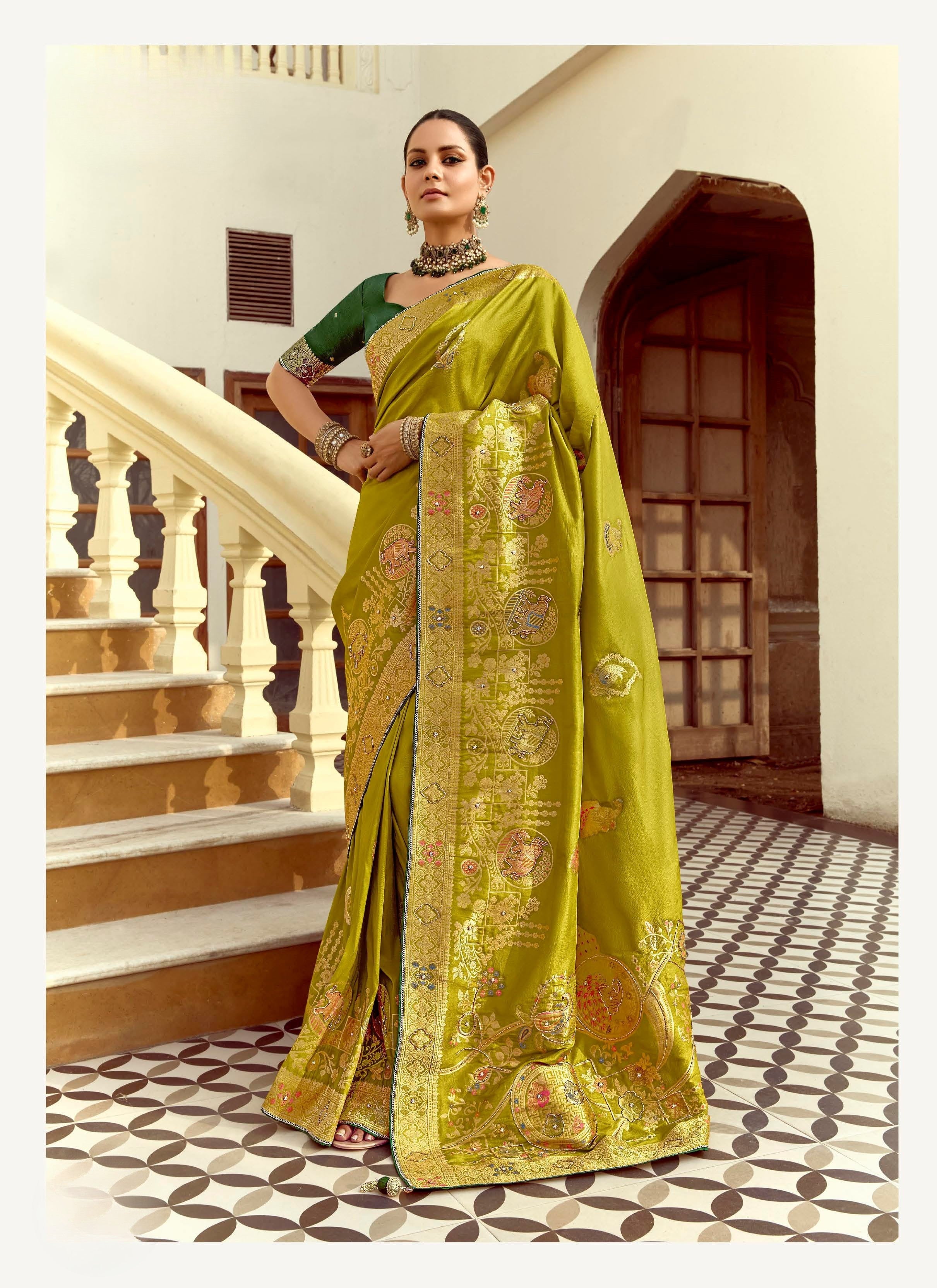 Lime Green Silk Zari Work Designer Saree