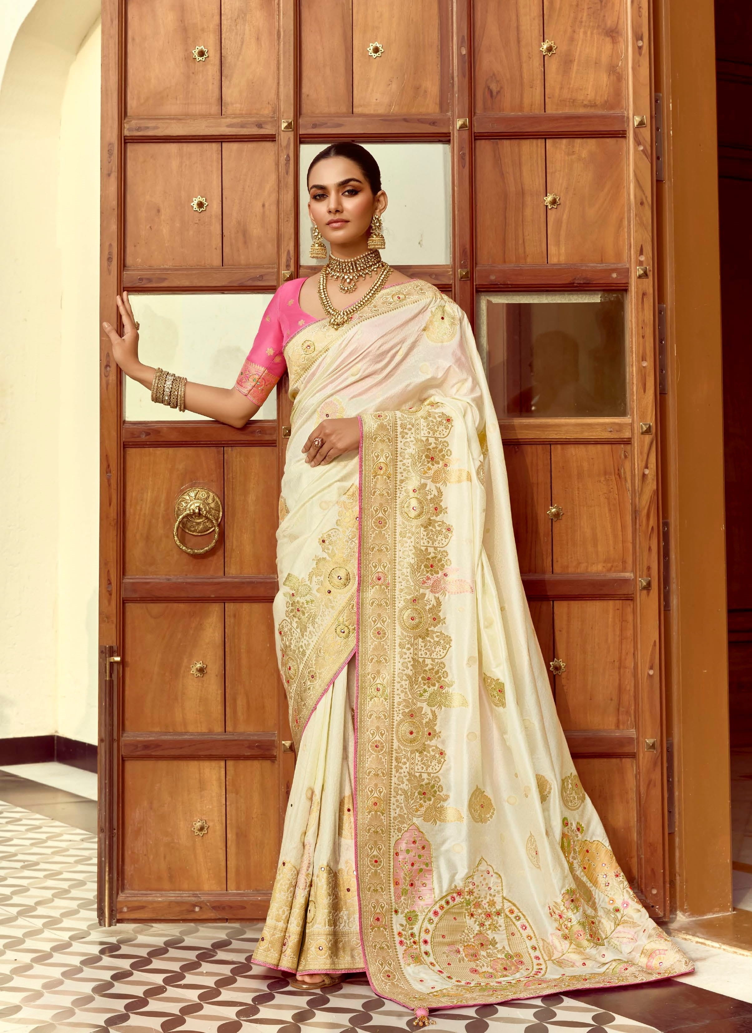Ivory Silk Zari Work Designer Saree