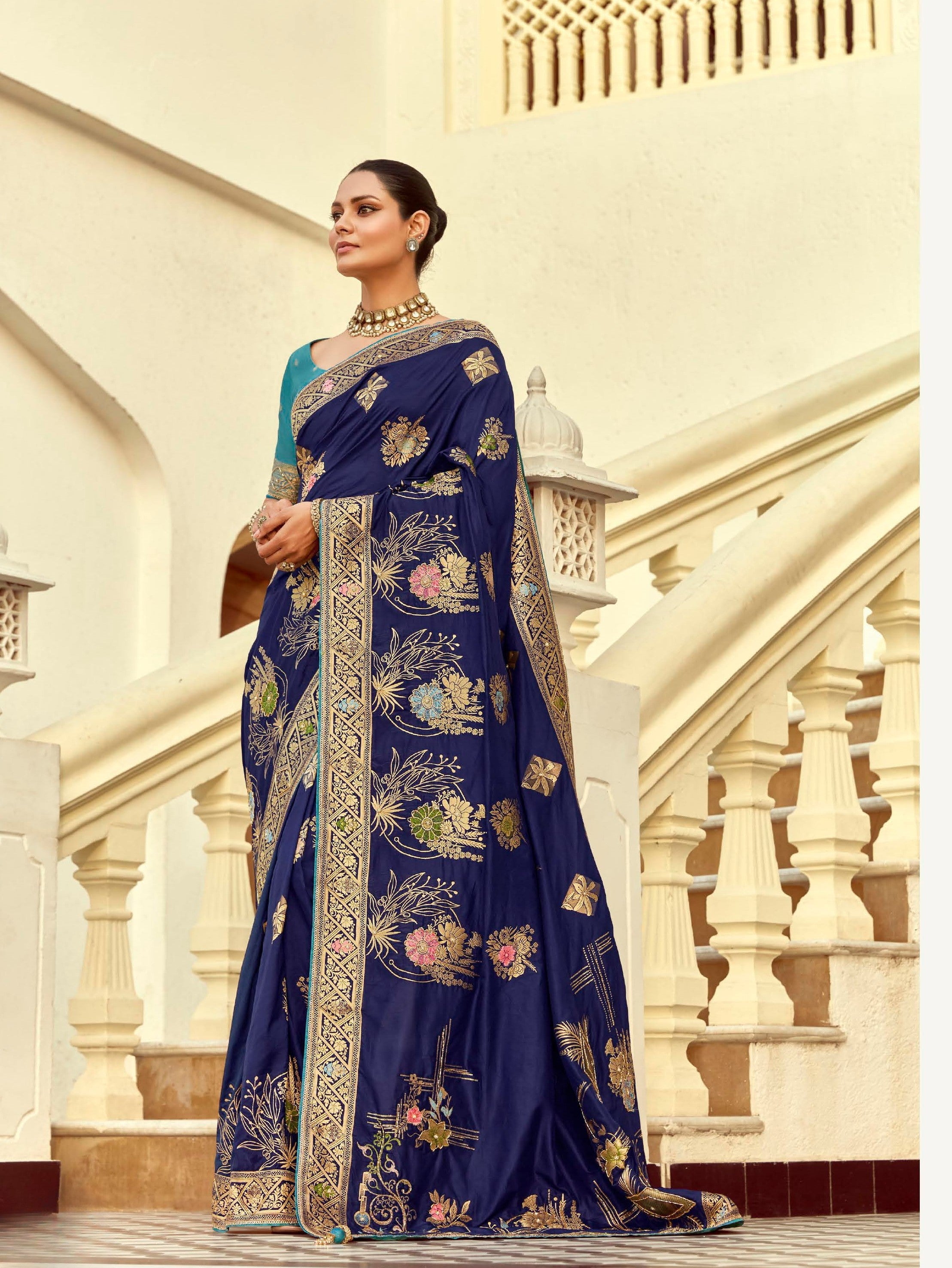 Navy Blue Silk Zari Work Designer Saree