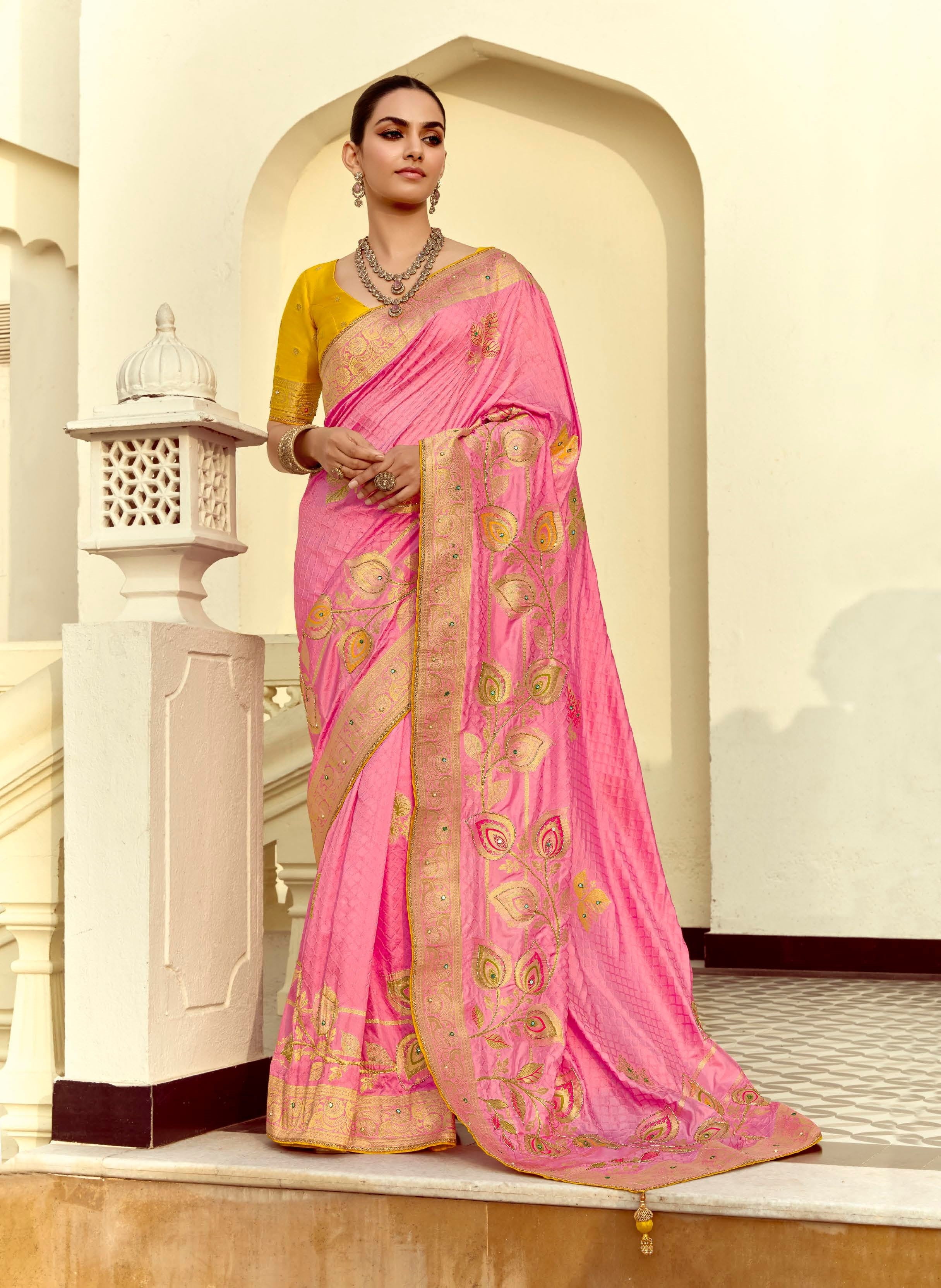 Pink Silk Zari Work Designer Saree