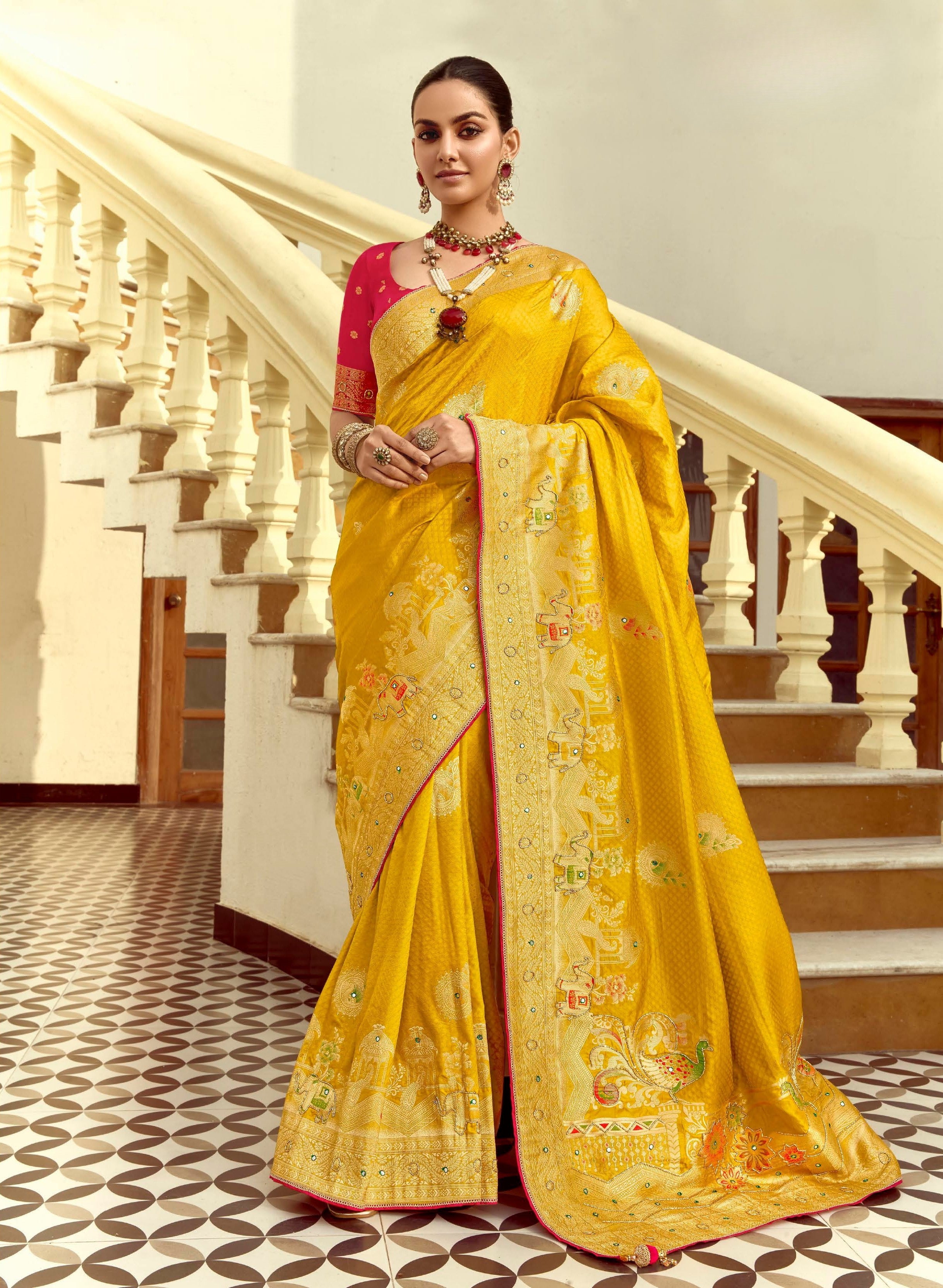 Lemon Yellow Silk Zari Work Designer Saree