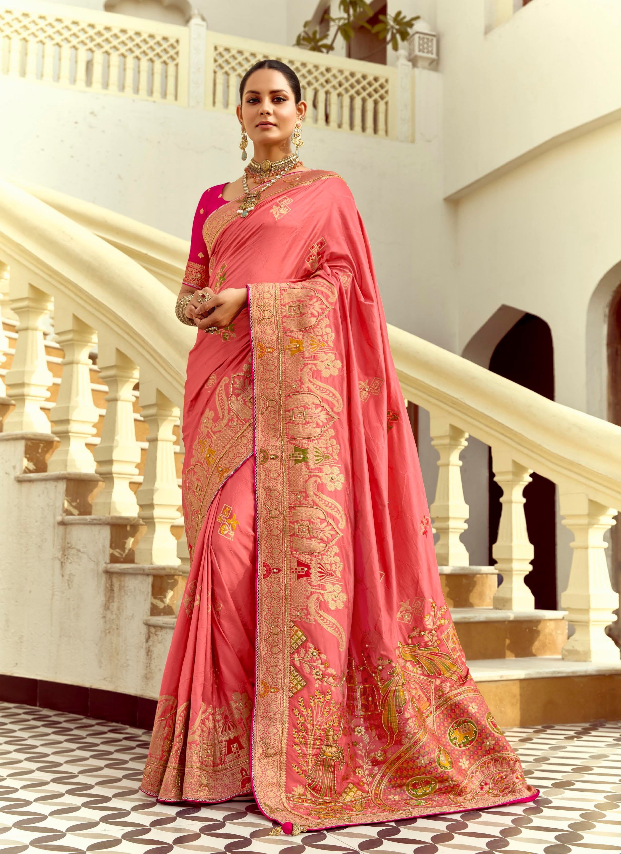 Peach Pink Silk Zari Work Designer Saree