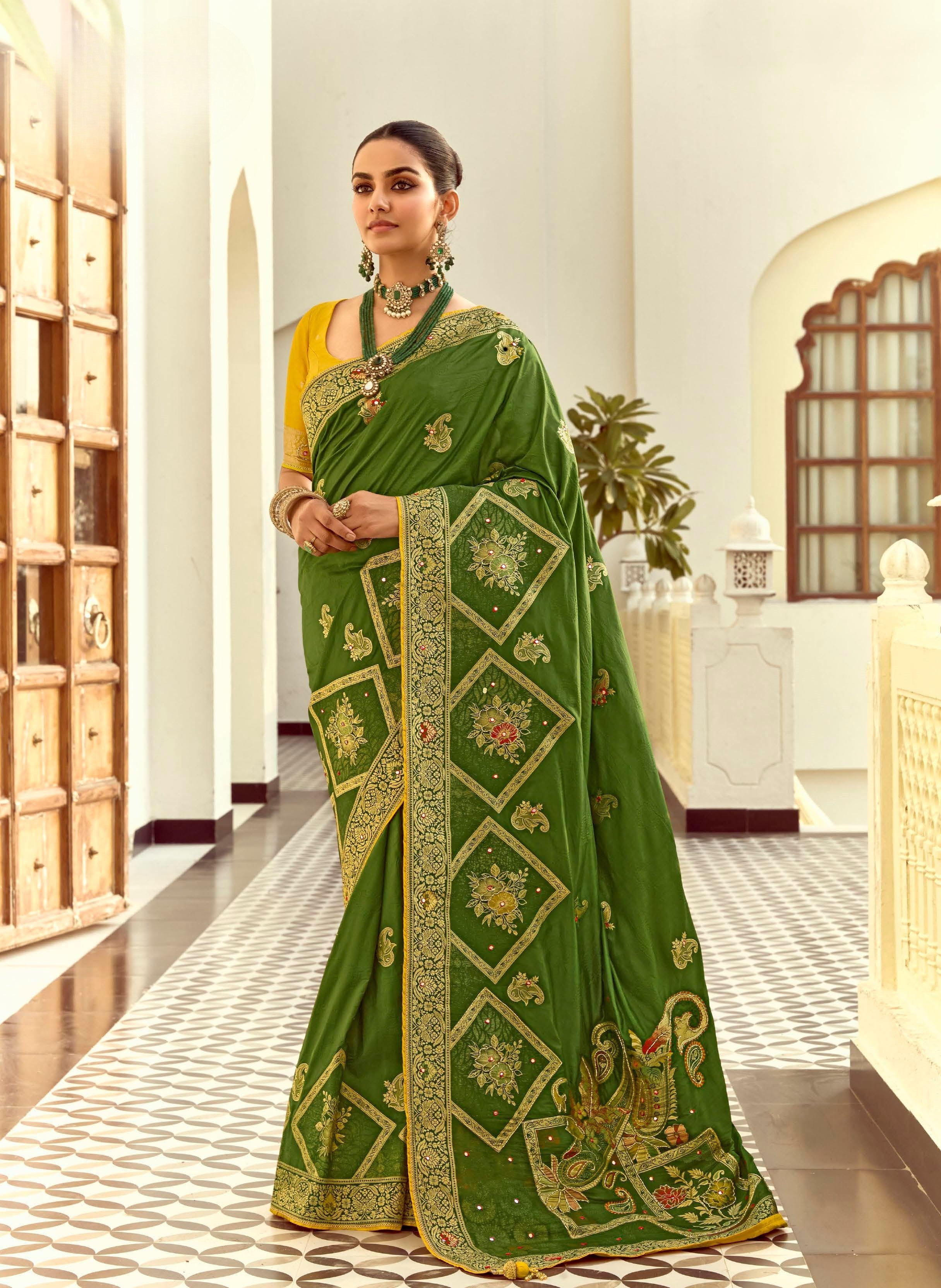 Mehndi Green Silk Zari Work Designer Saree
