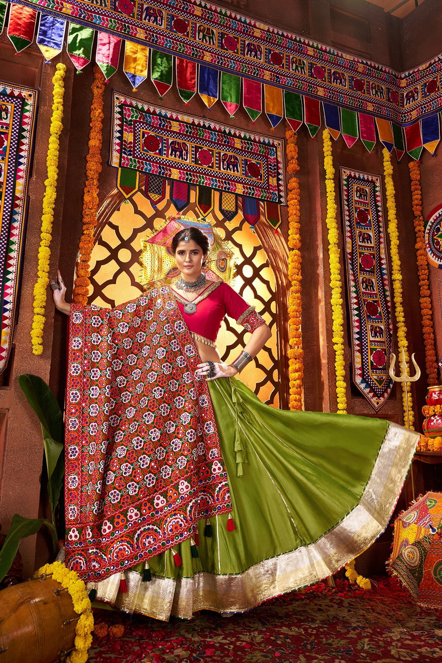Fluorescrent Green Viscose Cotton Navratri Special Chaniya Choli