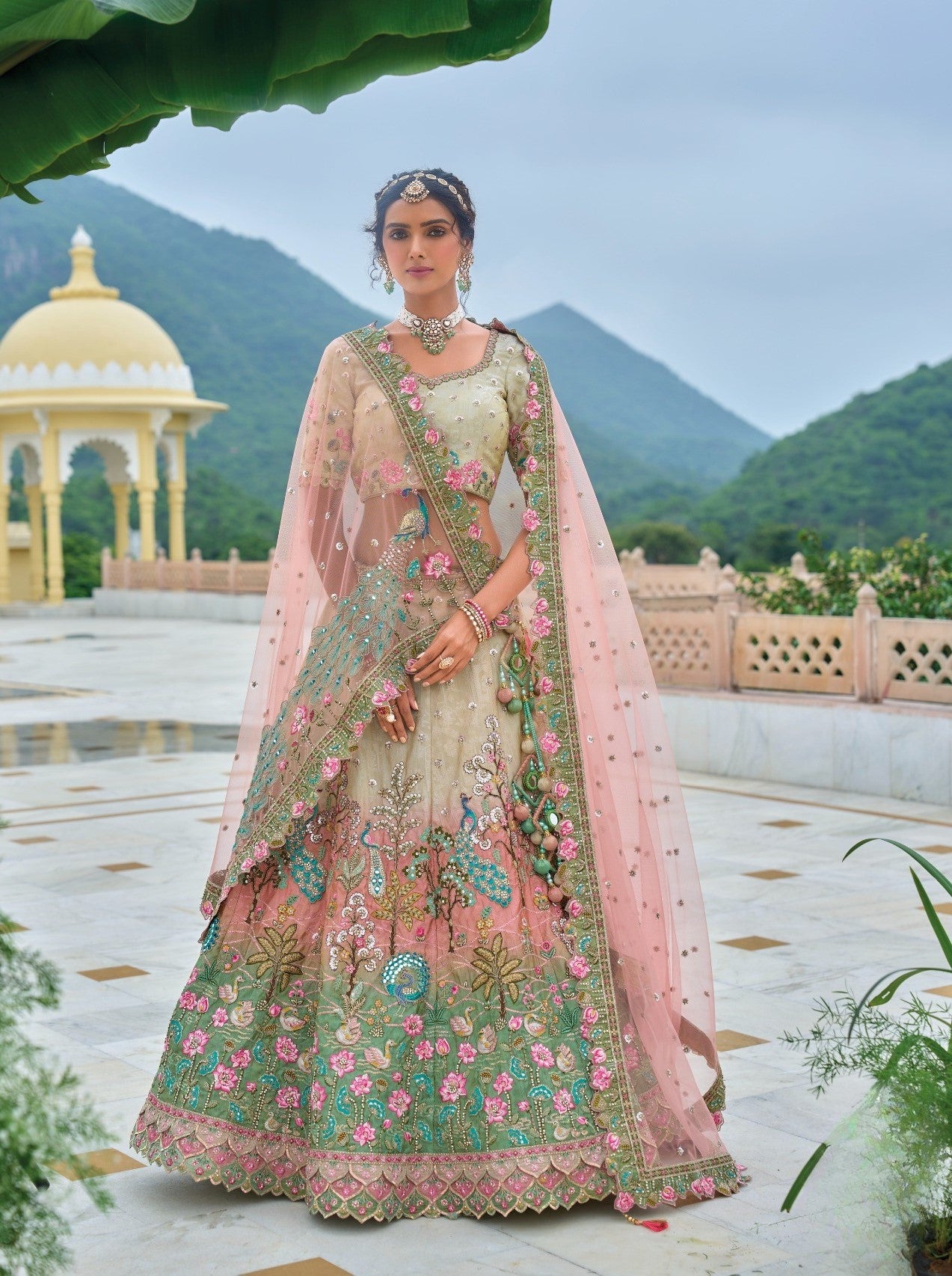 Peach and Green Silk Net Wedding Wear Lehenga Choli