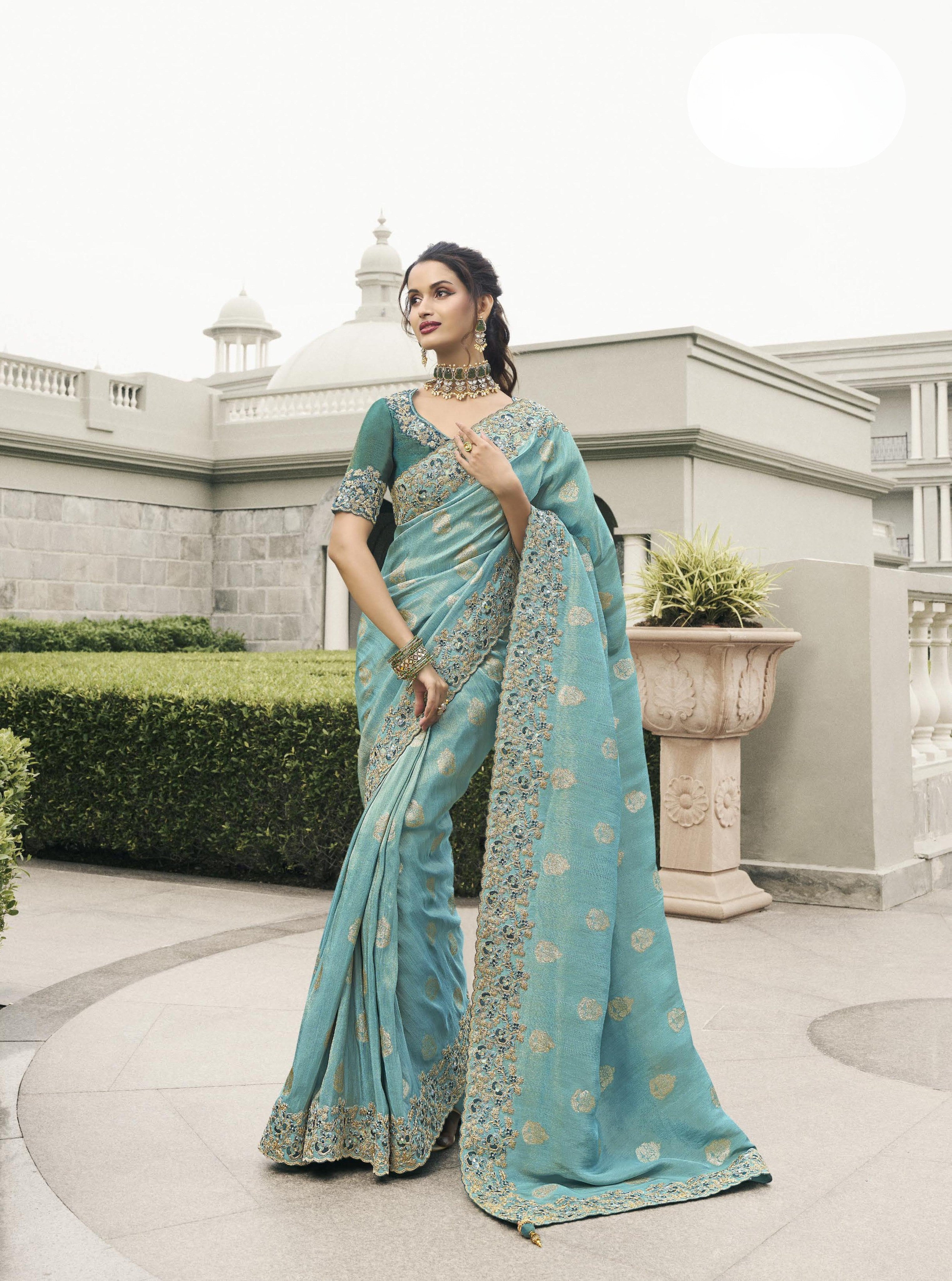 Sky Blue Tissue Silk Heavy Work Wedding Wear Saree