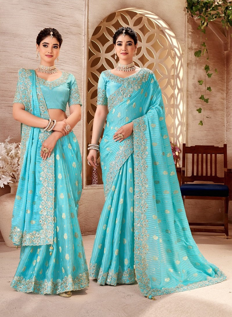 Blue Tissue Silk Heavy Work Wedding Wear Saree