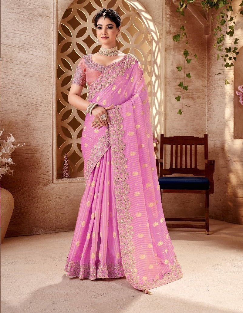Pink Tissue Silk Heavy Work Wedding Wear Saree
