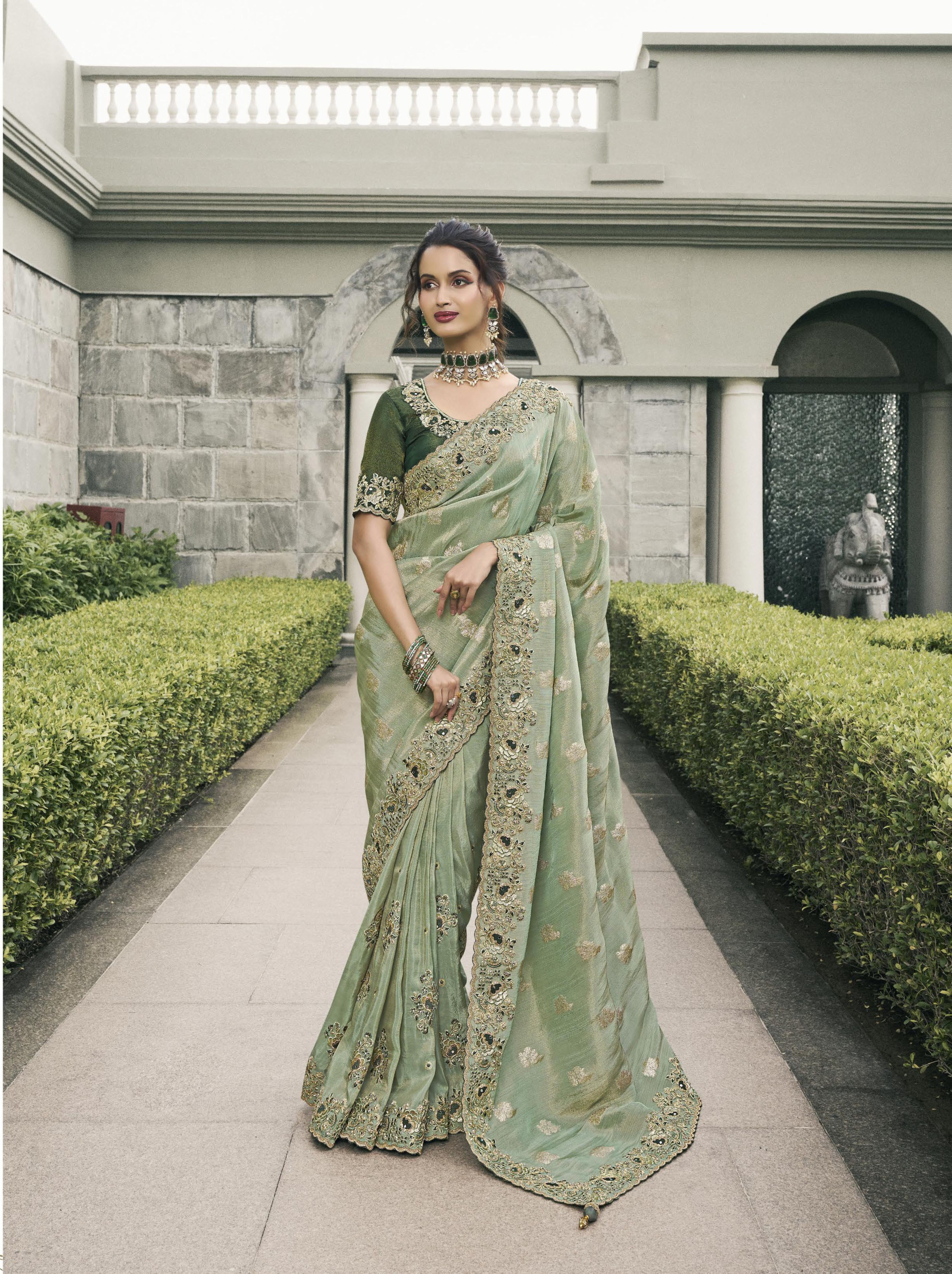 Sea Green Tissue Silk Heavy Work Wedding Wear Saree