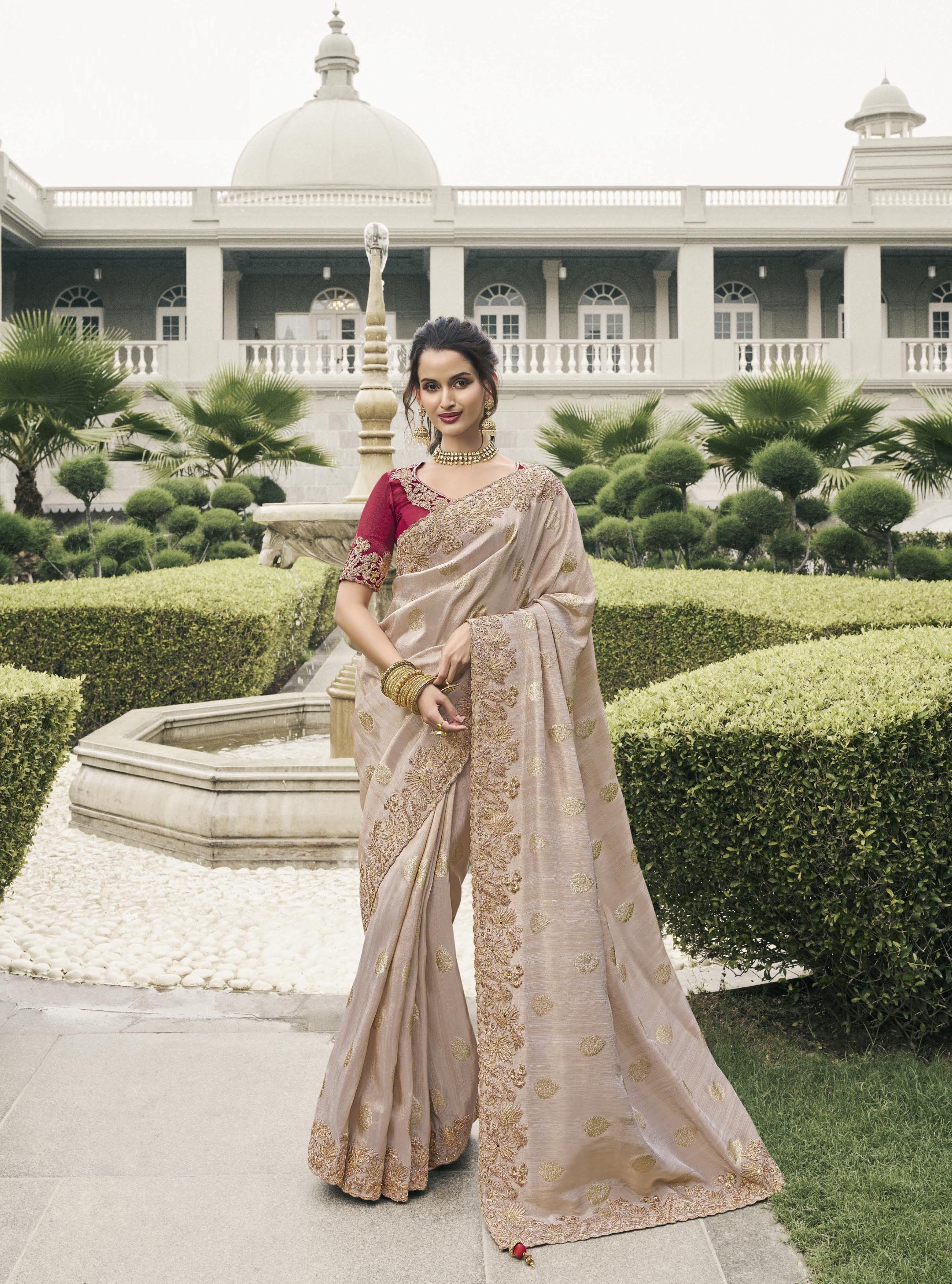Cream Tissue Silk Heavy Work Wedding Wear Saree