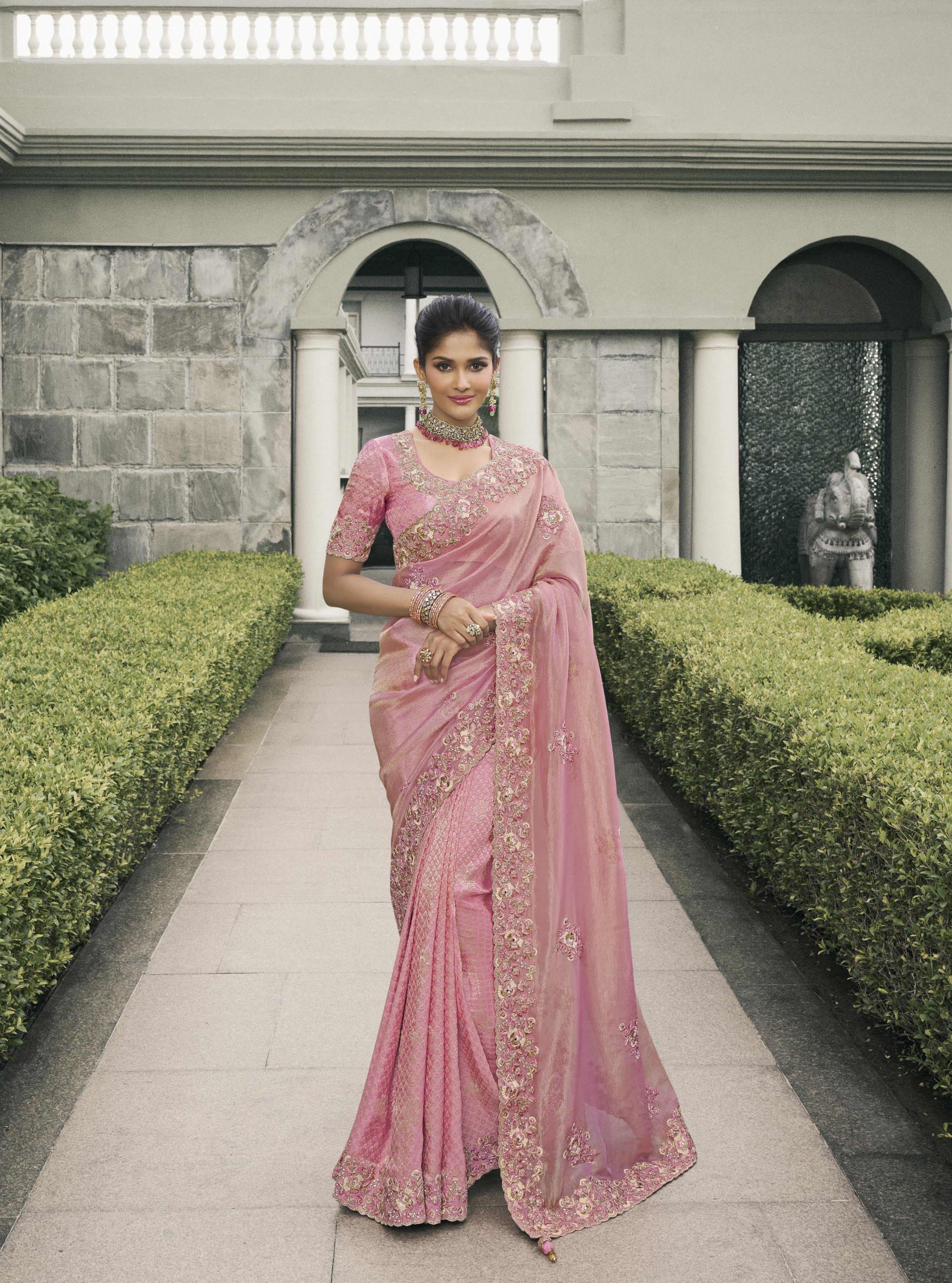 Baby Pink Tissue Silk Heavy Work Wedding Wear Saree