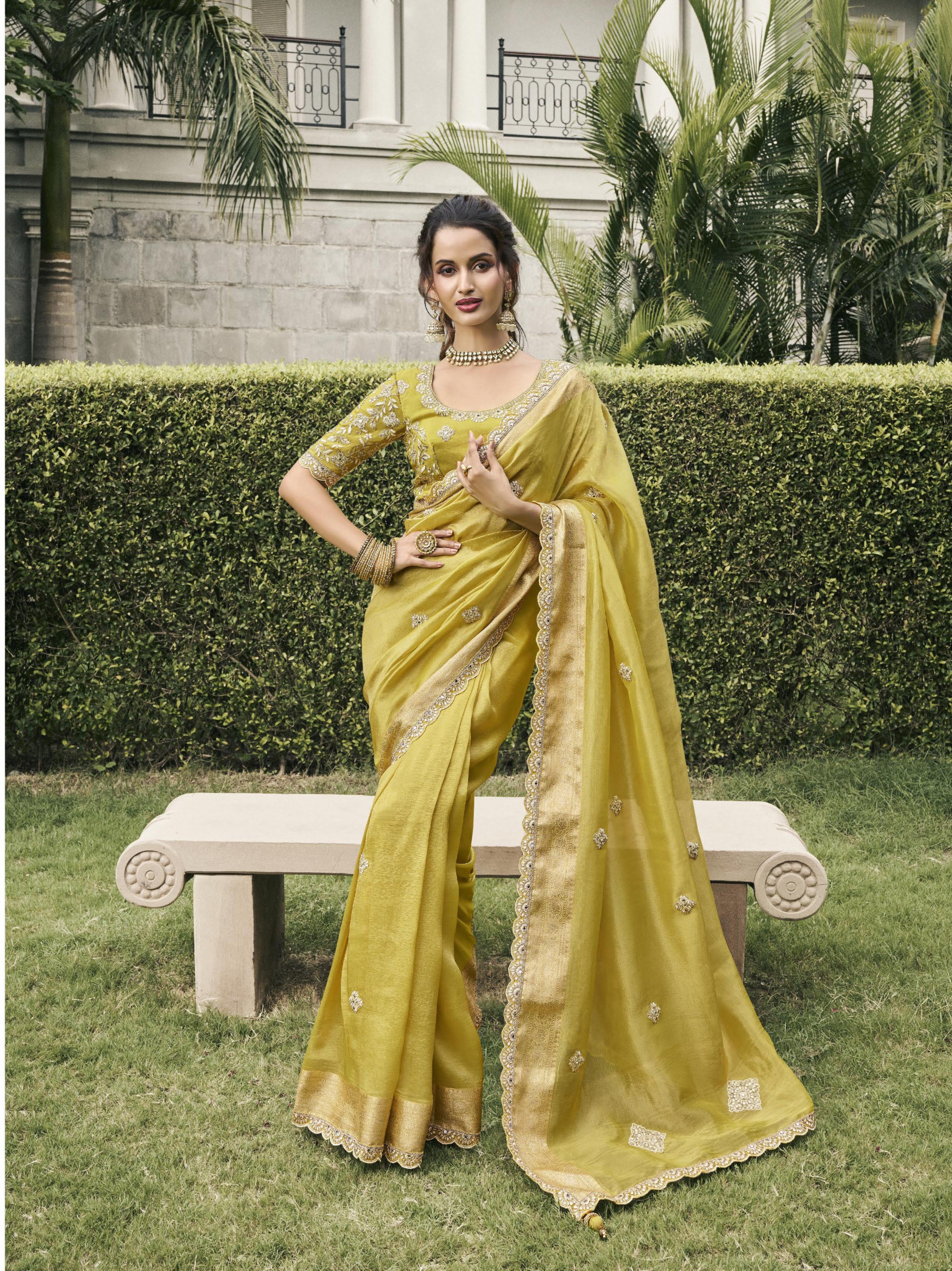 Lemon Yellow Tissue Silk Heavy Work Wedding Wear Saree