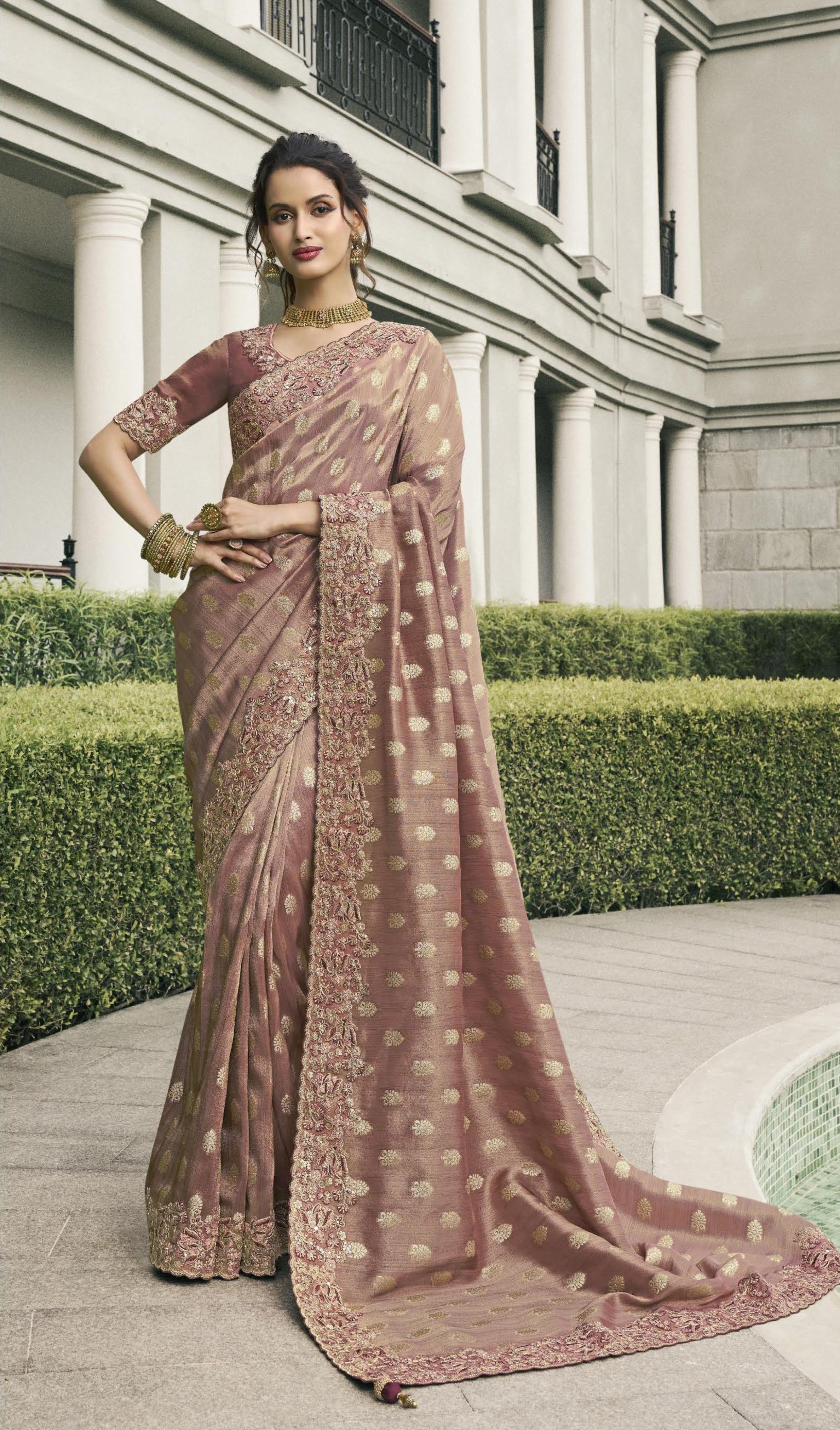 Brown Tissue Silk Heavy Work Wedding Wear Saree