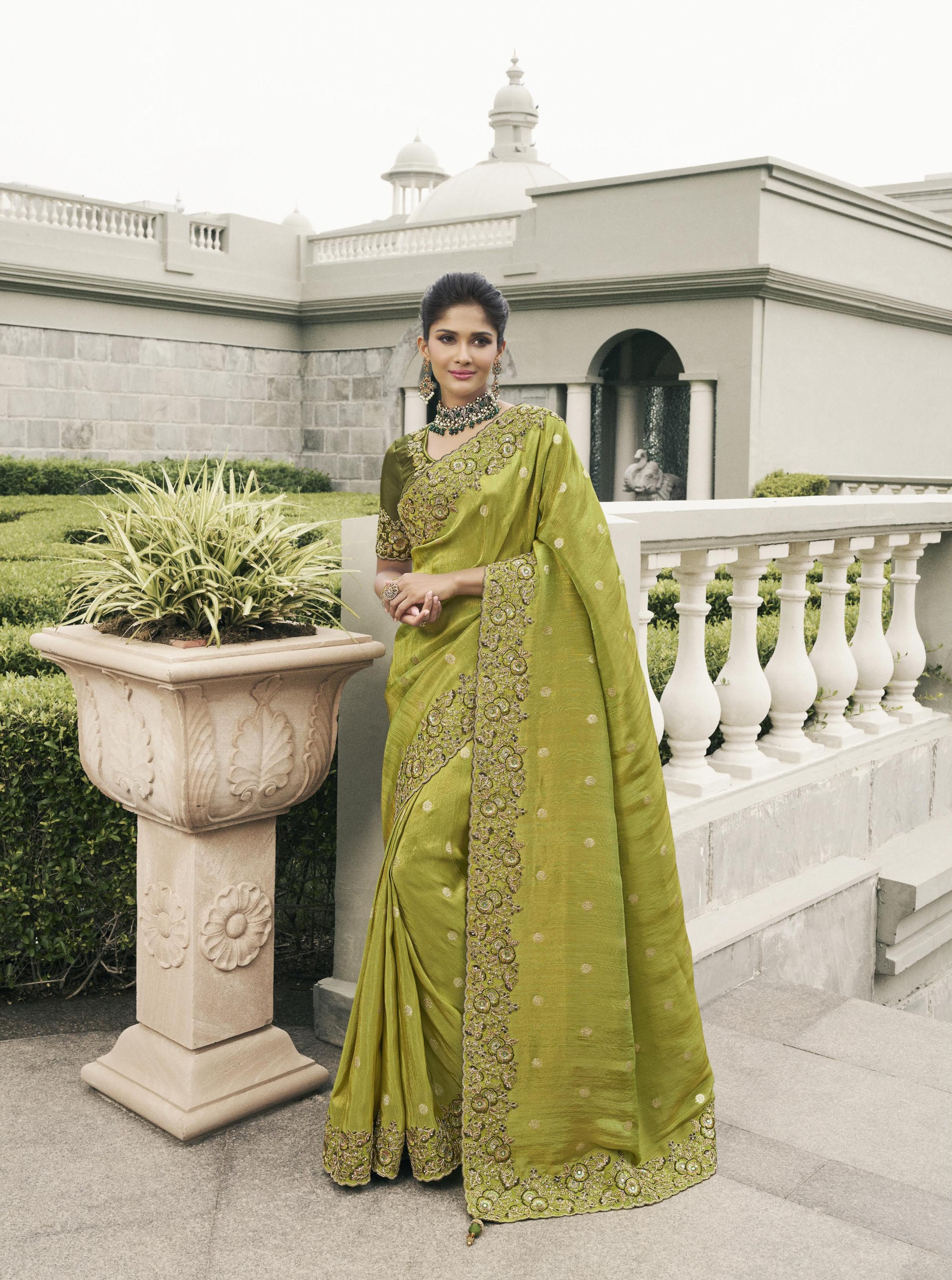 Light Olive Green Tissue Silk Heavy Work Wedding Wear Saree