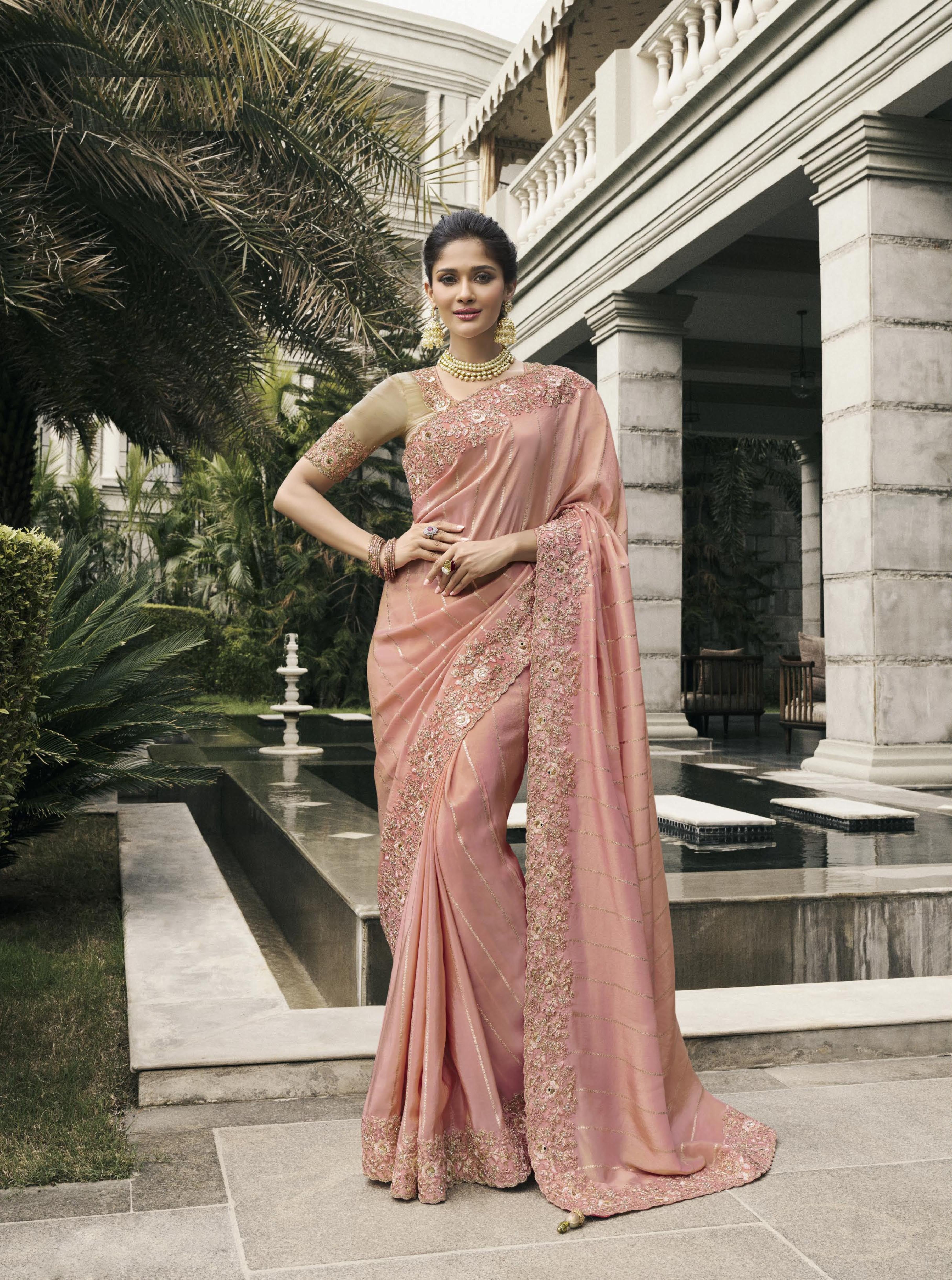Peach Pink Tissue Silk Heavy Work Wedding Wear Saree