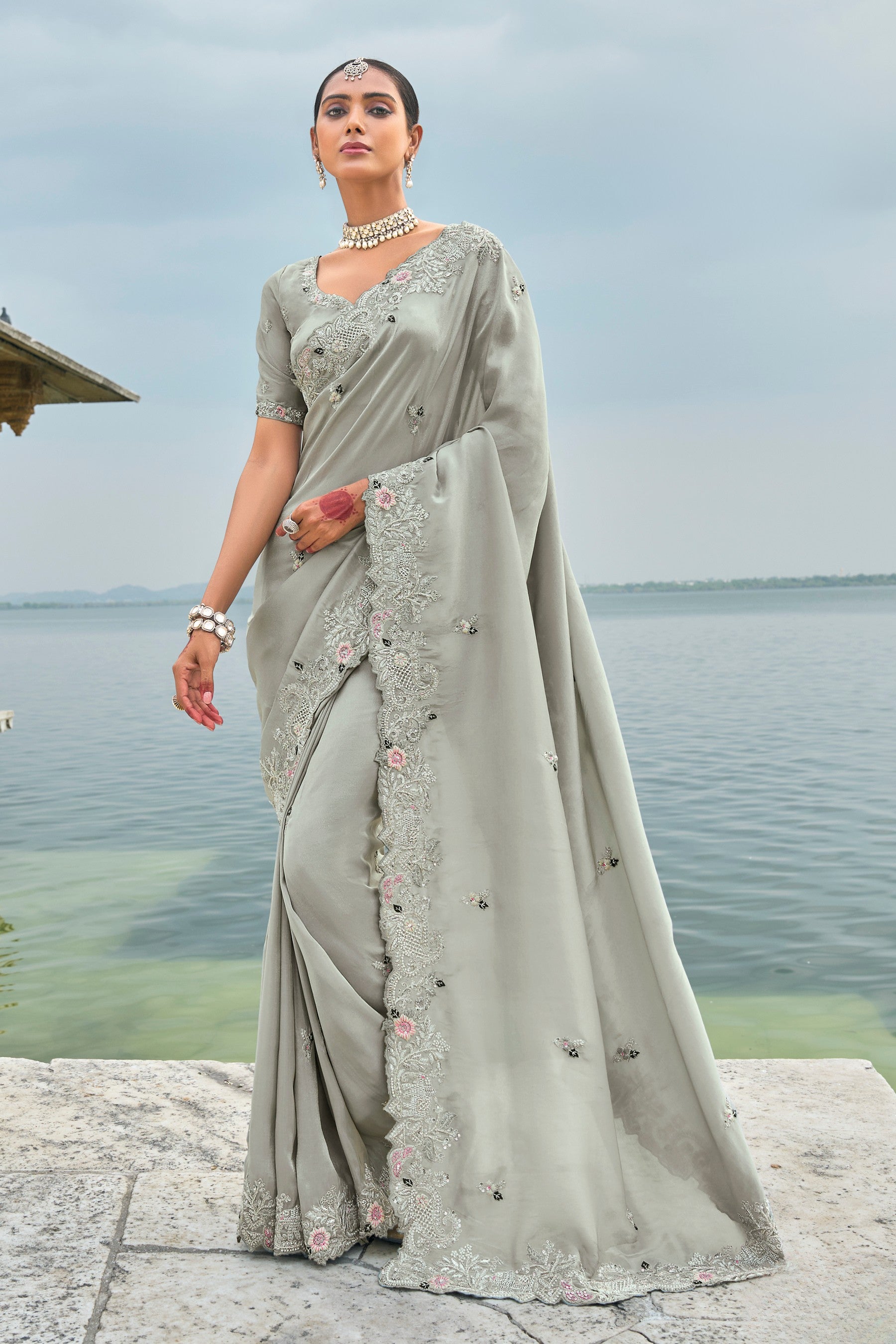 Grey Pure Banarasi Jari Heavy Work Party Wear Saree
