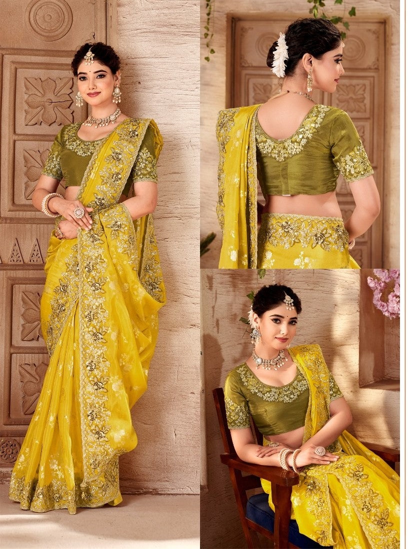 Mustured Tissue Silk Heavy Work Wedding Wear Saree