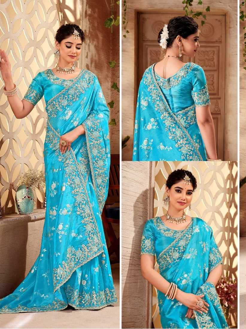 Rama Tissue Silk Heavy Work Wedding Wear Saree
