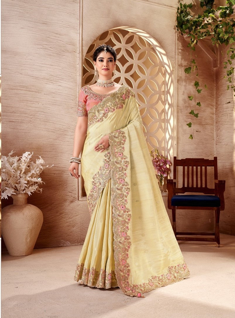 Beige Tissue Silk Heavy Work Wedding Wear Saree