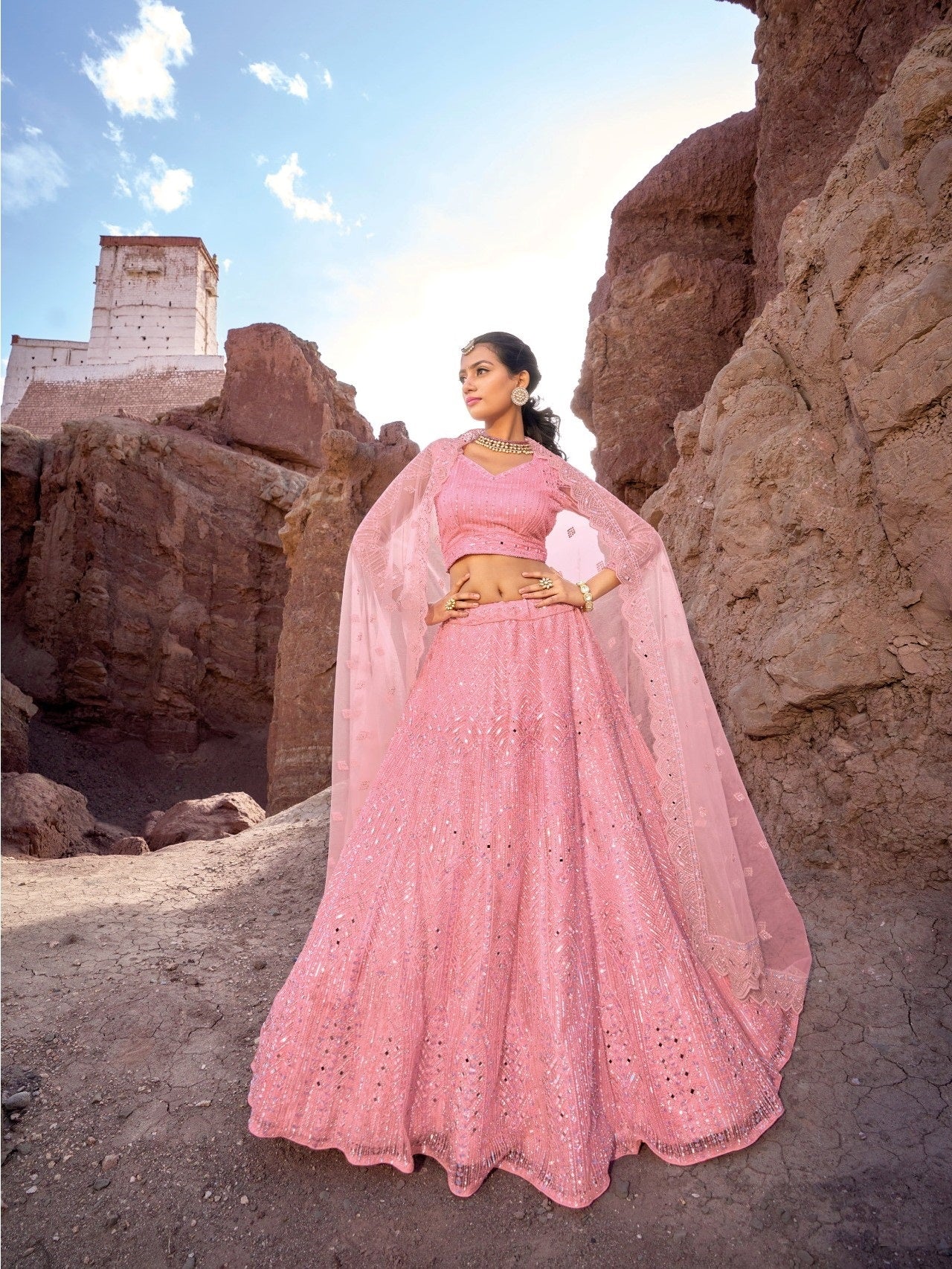 Baby Pink Pure Net Wedding Wear Lehenga Choli