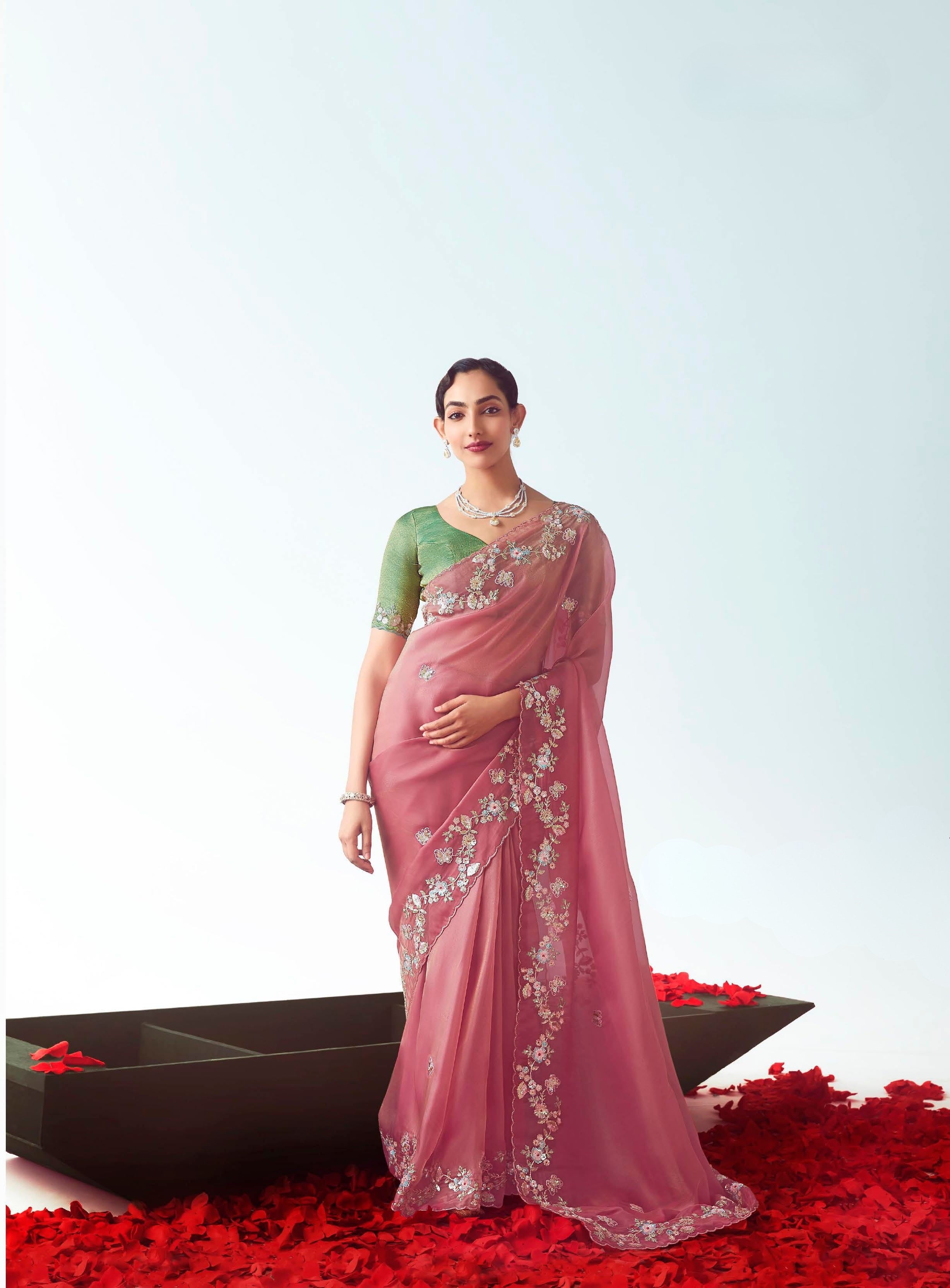 Dusty Pink Orgenza Tissue Festival Wear Saree