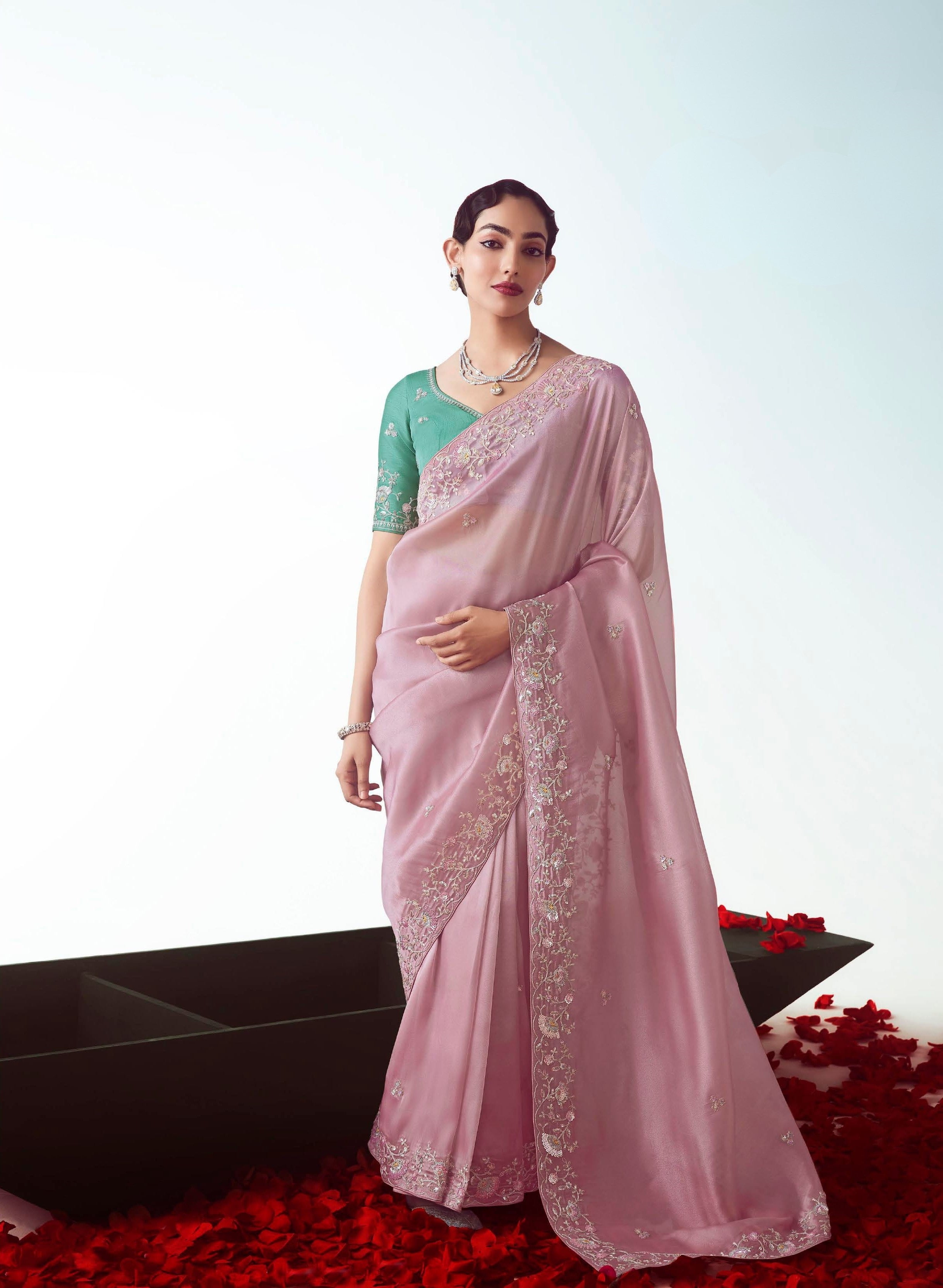 Rose Pink Orgenza Tissue Festival Wear Saree