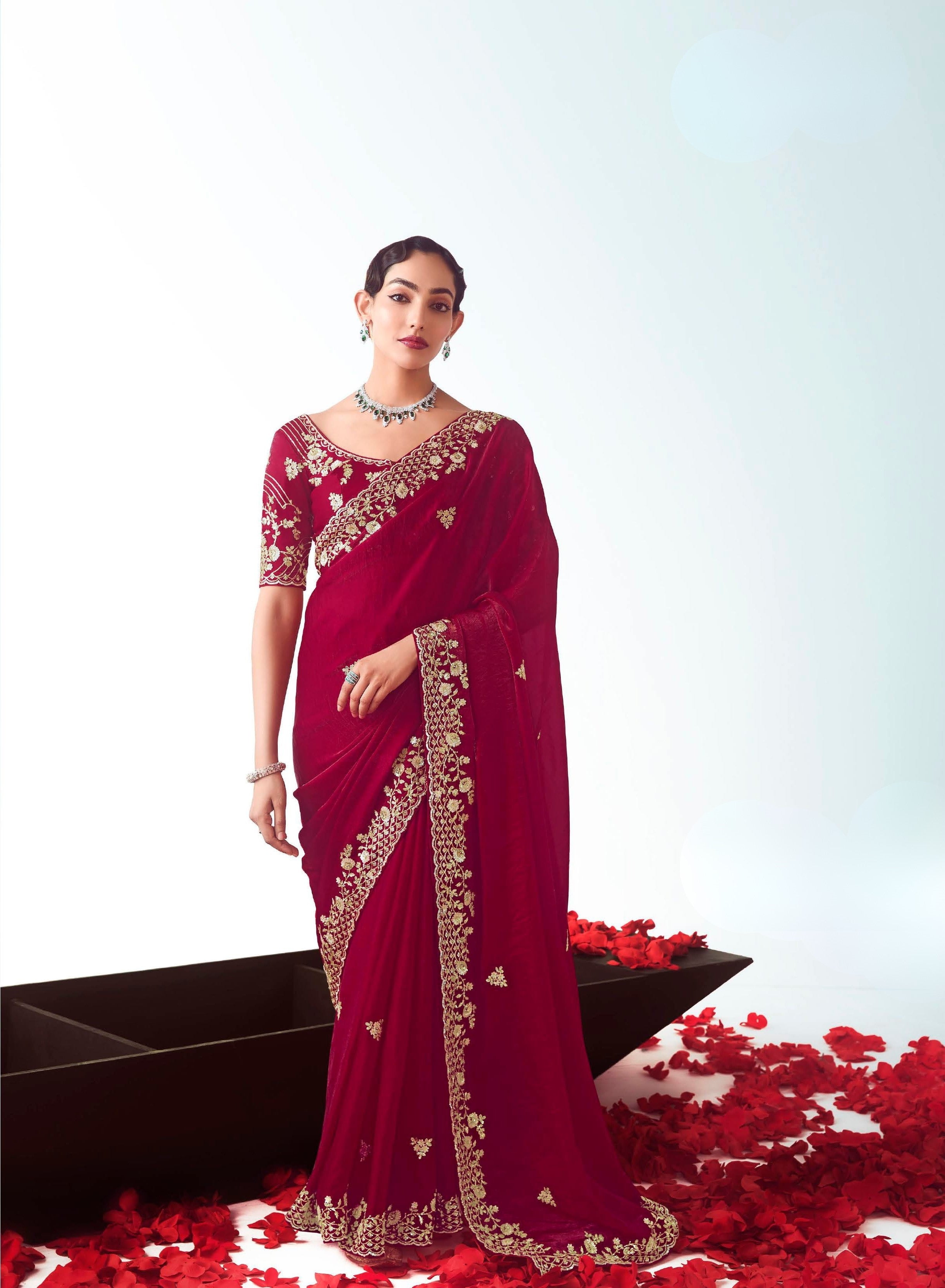 Maroon Glass Tissue Festival Wear Saree