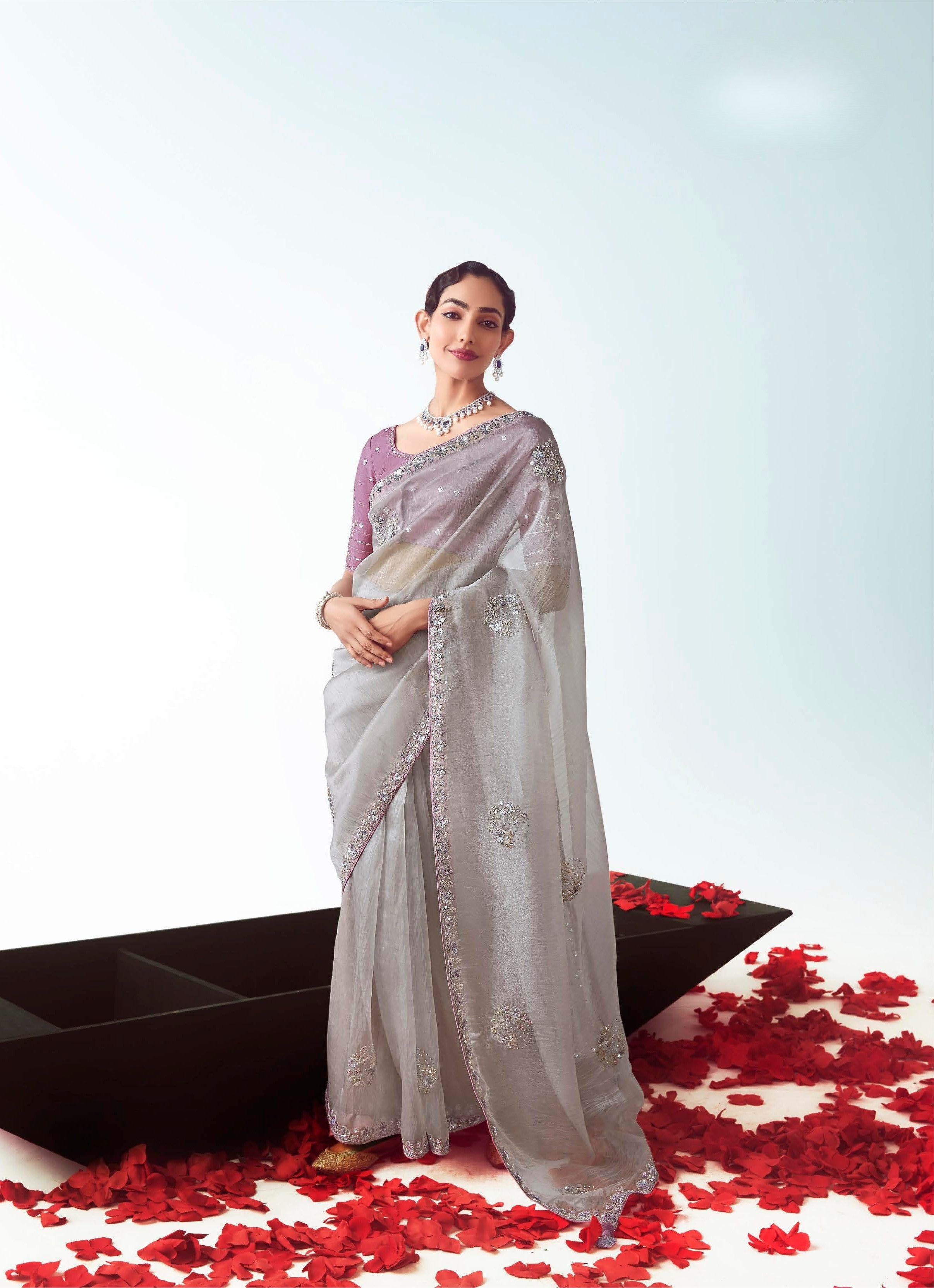 Silver Grey Organza Festival Wear Saree