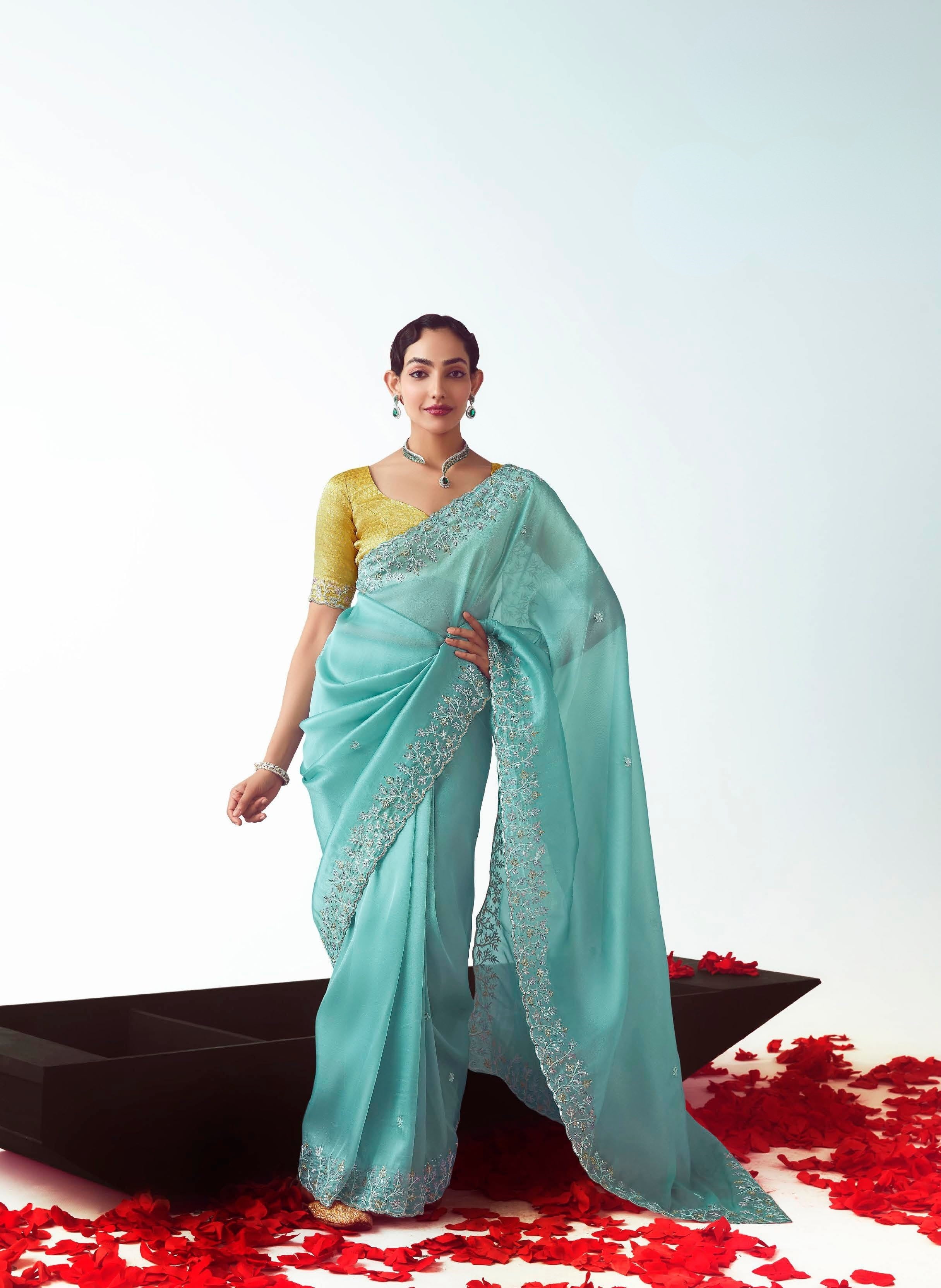 Ocean Green Glass Tissue Organza Festival Wear Saree