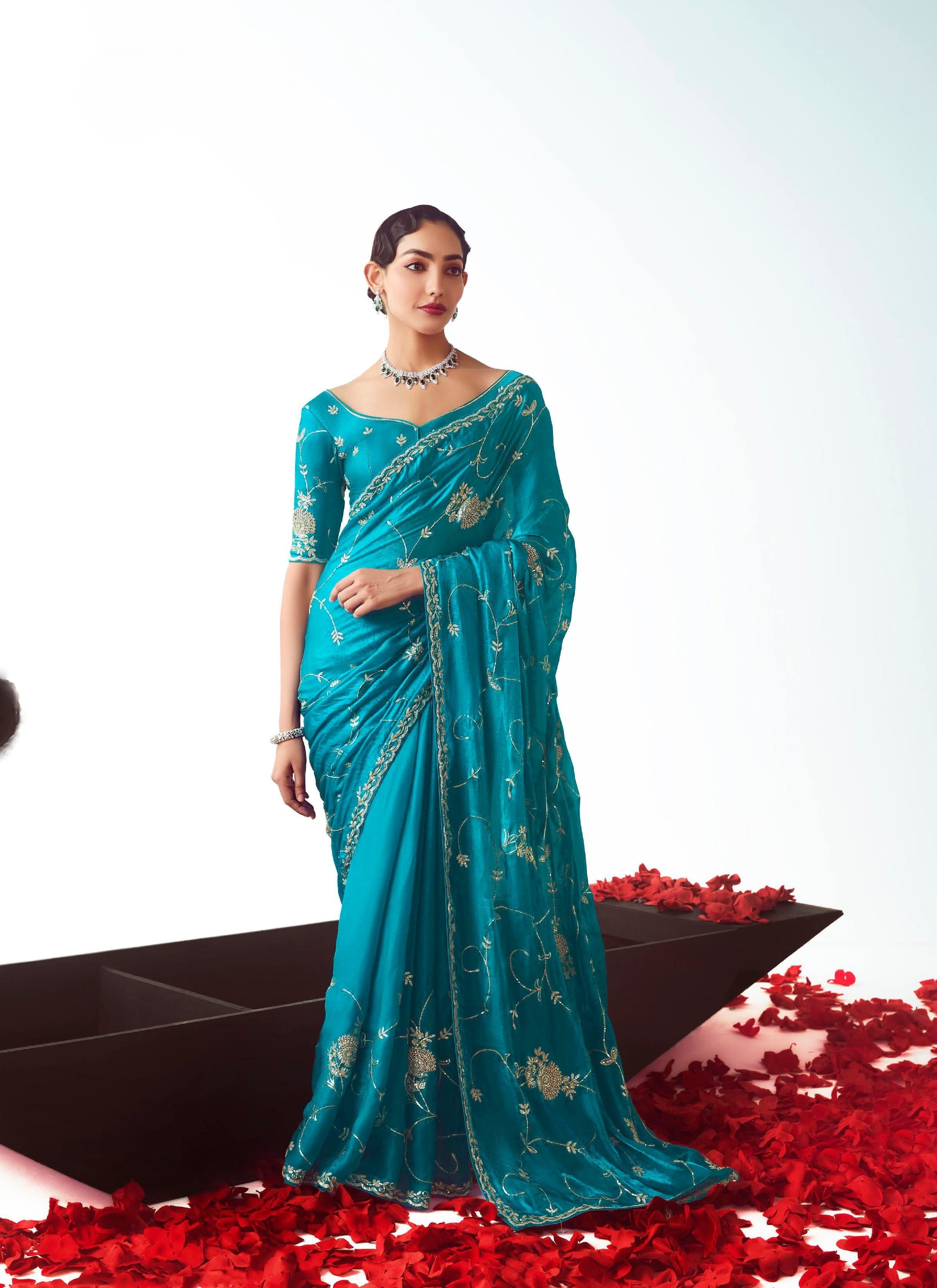 Teal Blue Mulberry Silk Festival Wear Saree