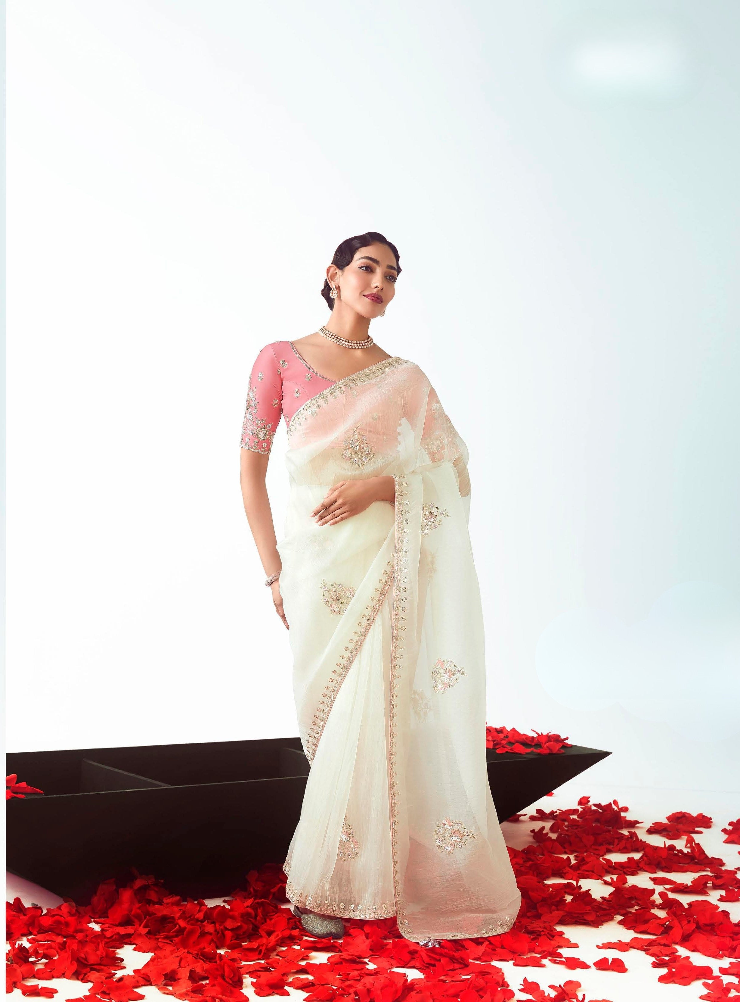 Ivory Organza Festival Wear Saree