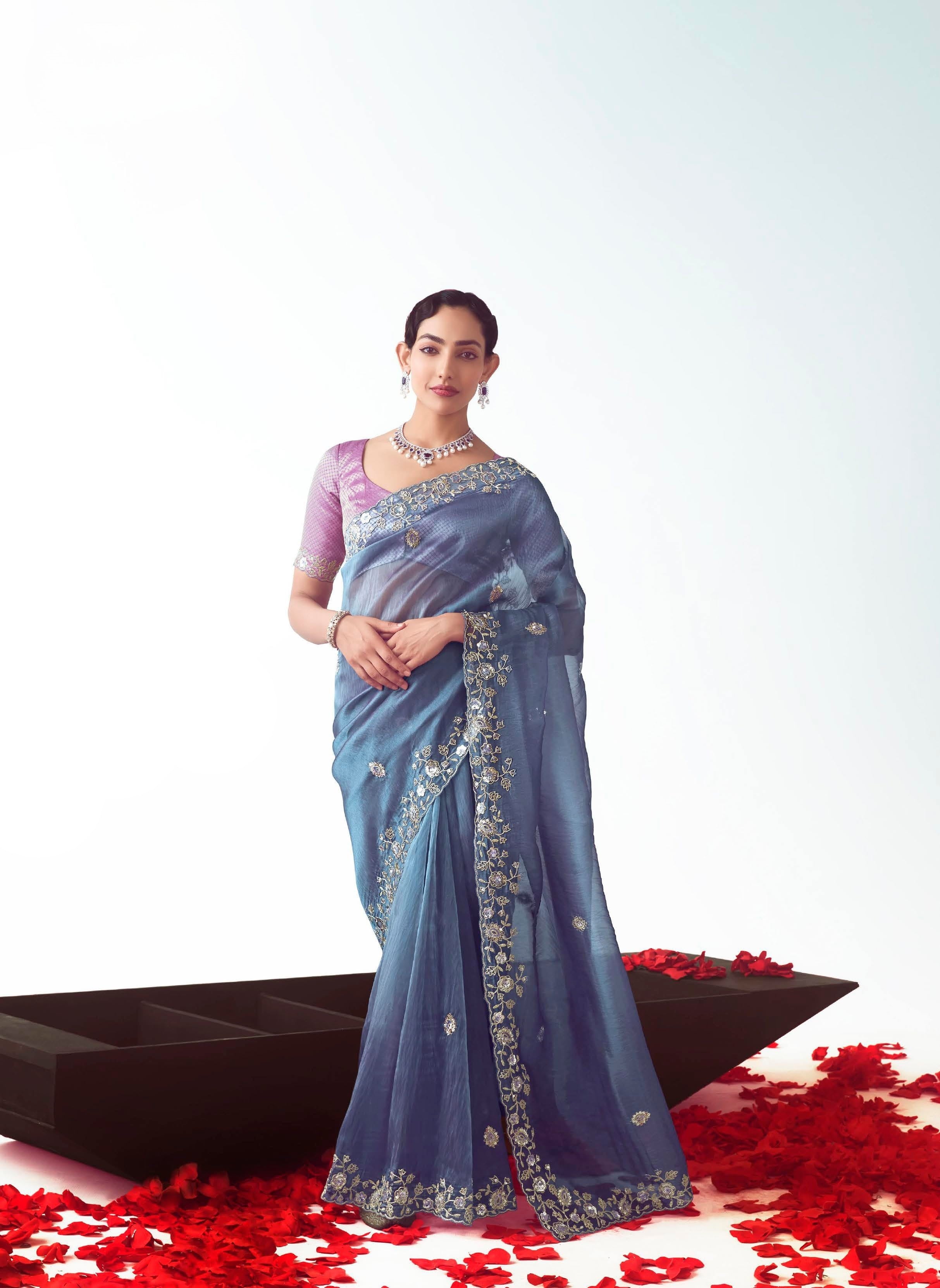 Blue Tissue Silk Festival Wear Saree