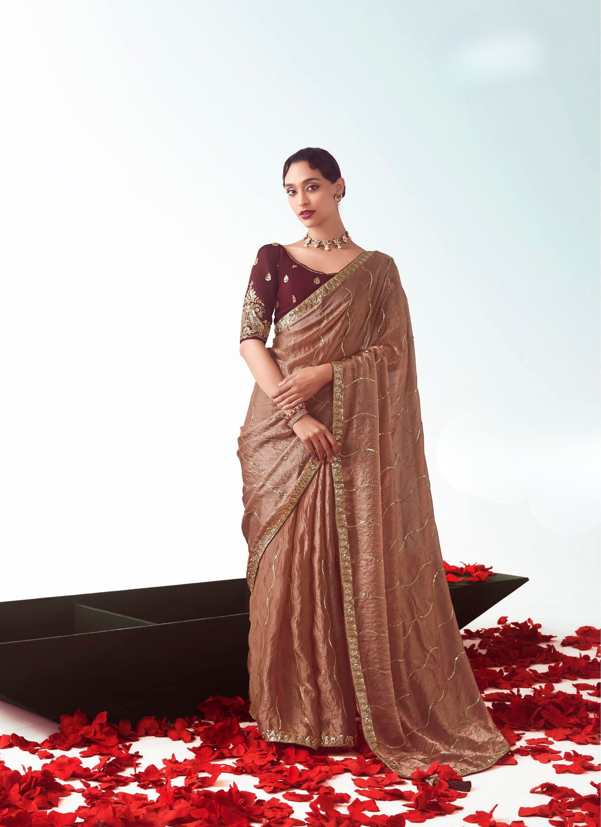 Brown Tissue Silk Festival Wear Saree