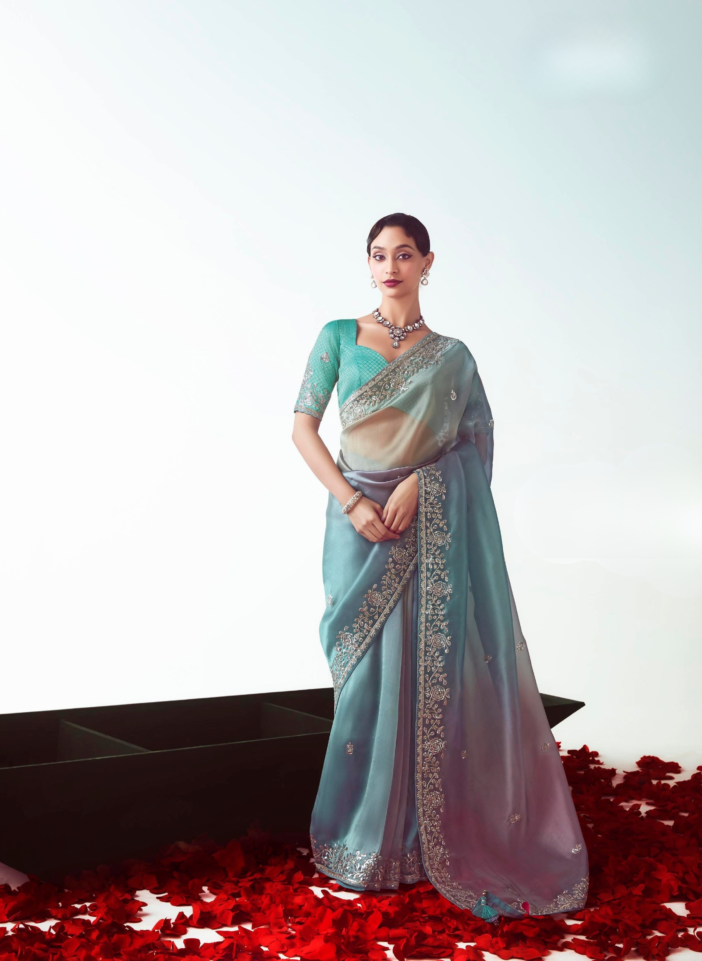 Sky Blue Organza Festival Wear Saree