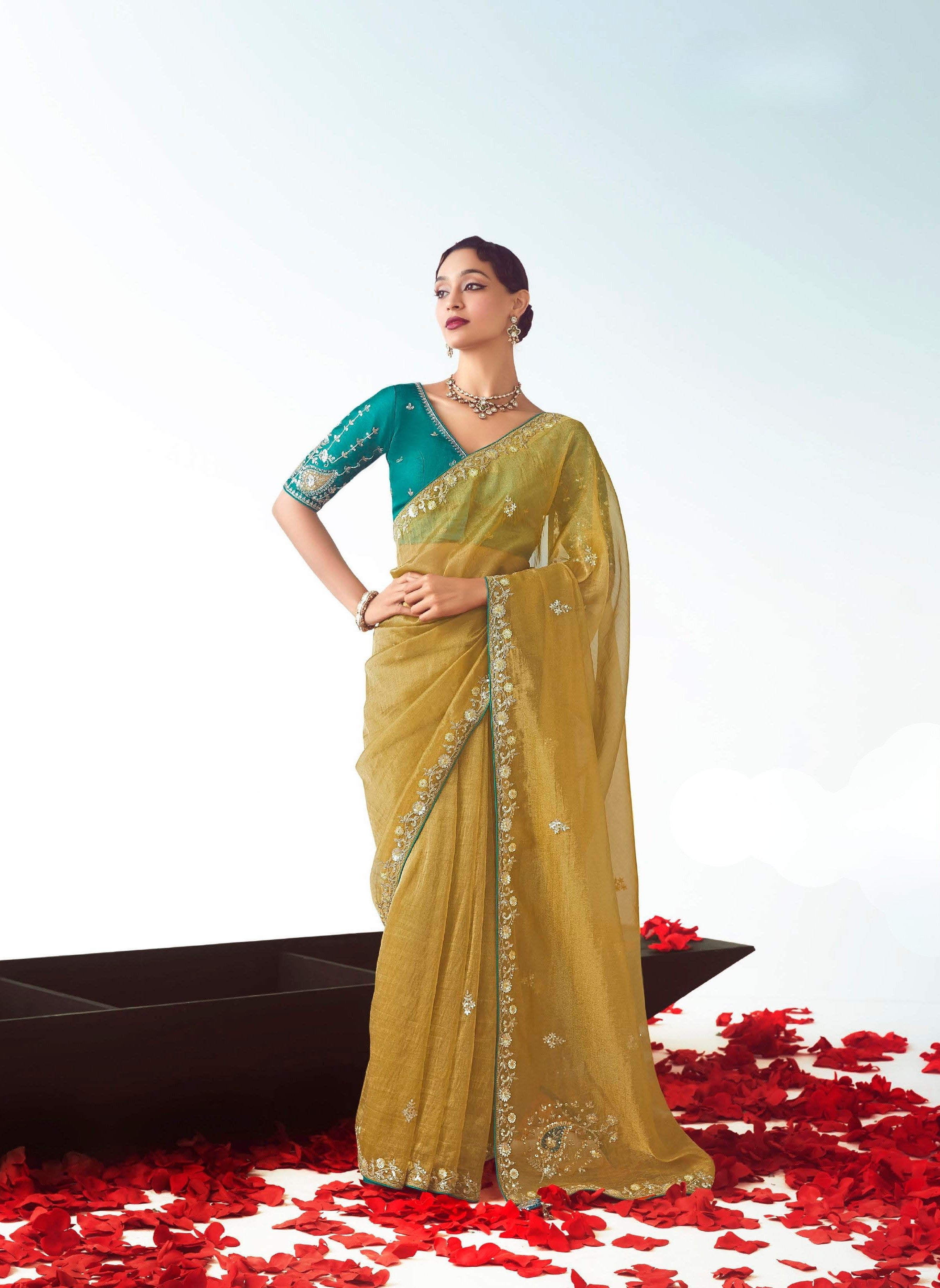 Mustard Yellow Organza Festival Wear Saree