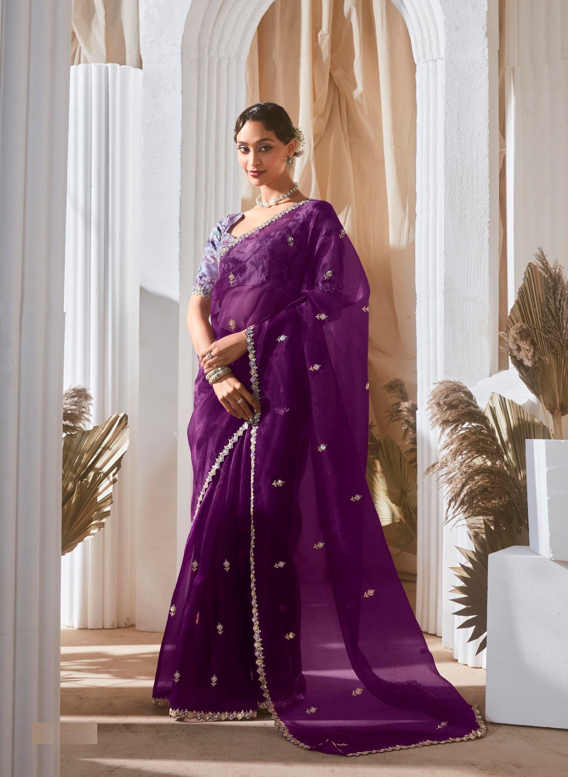 Purple Tissue Organza Sequence Work Party Wear Saree
