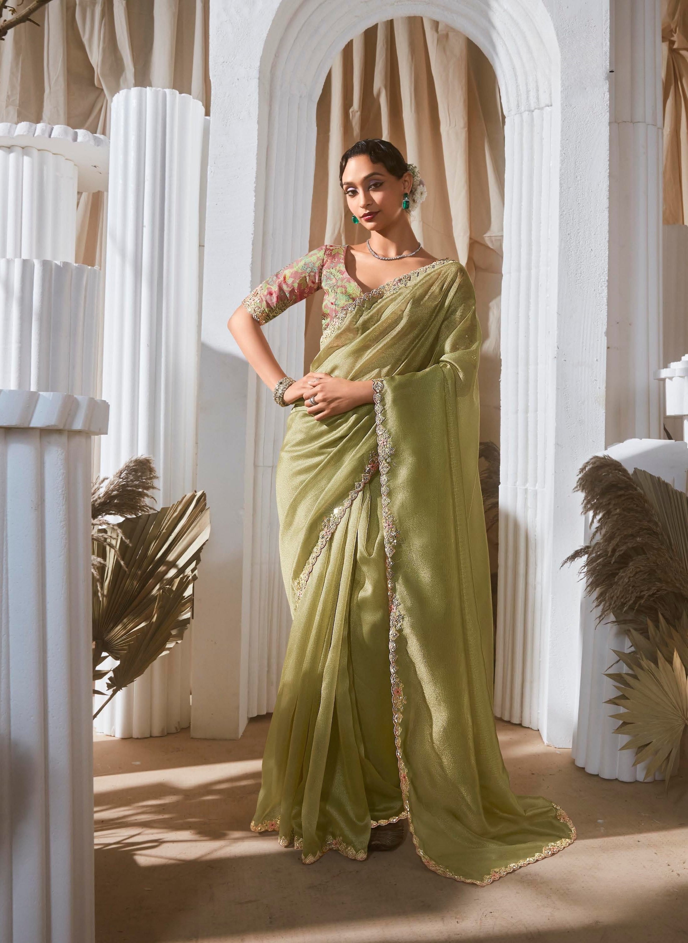 Pista Green Crepe Silk Sequence Work Party Wear Saree