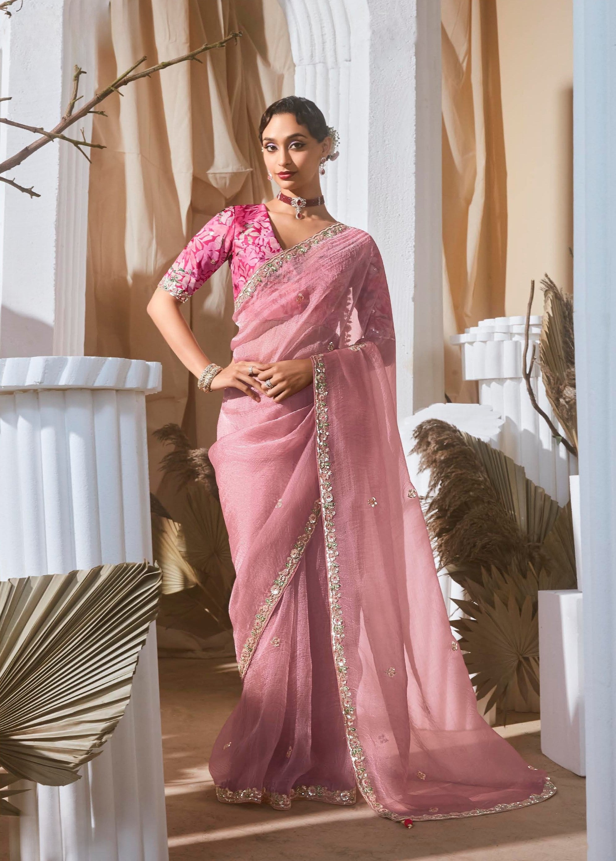 Light Pink Tissue Organza Sequence Work Party Wear Saree