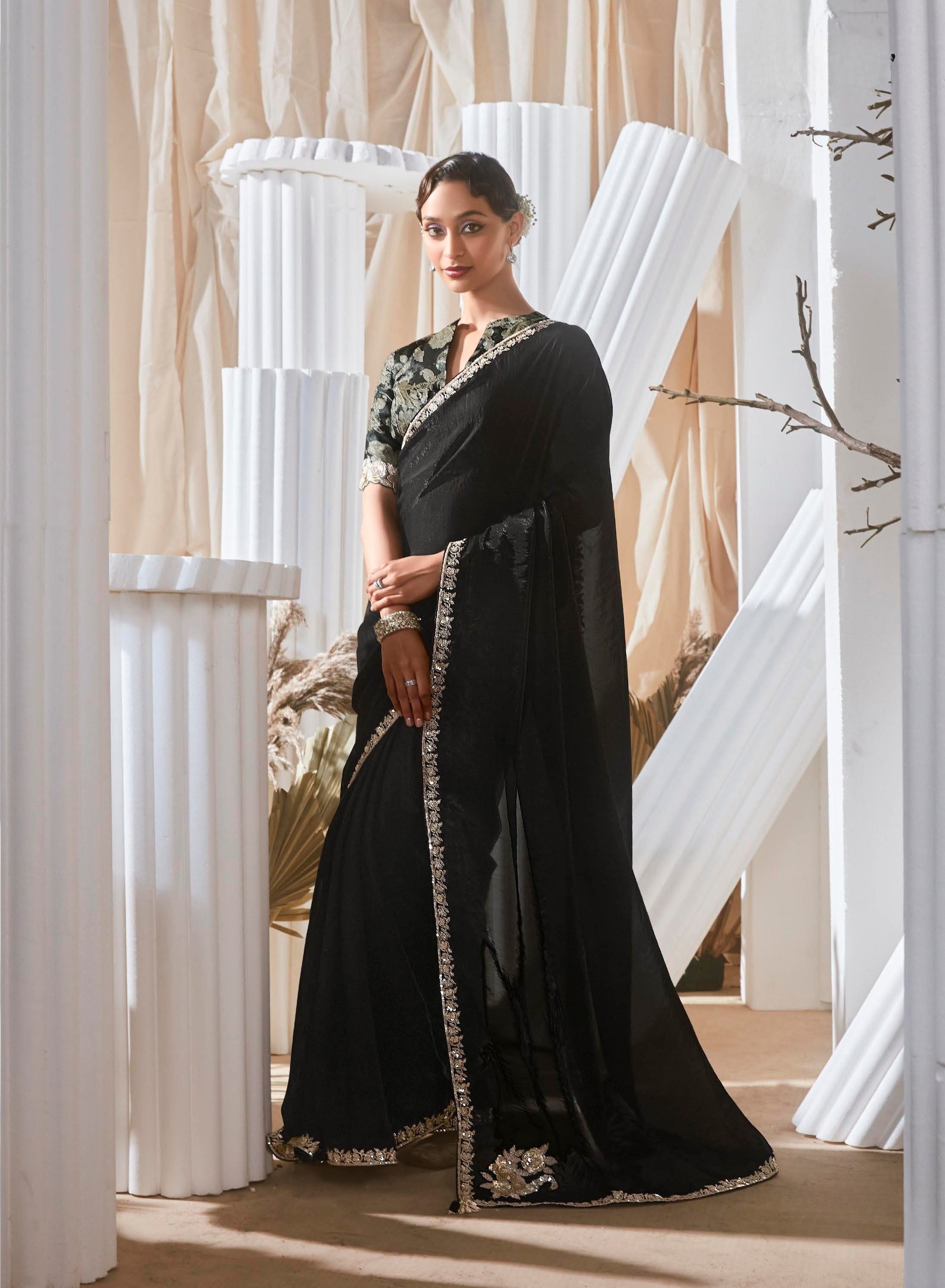 Black Georgette Sequence Work Party Wear Saree