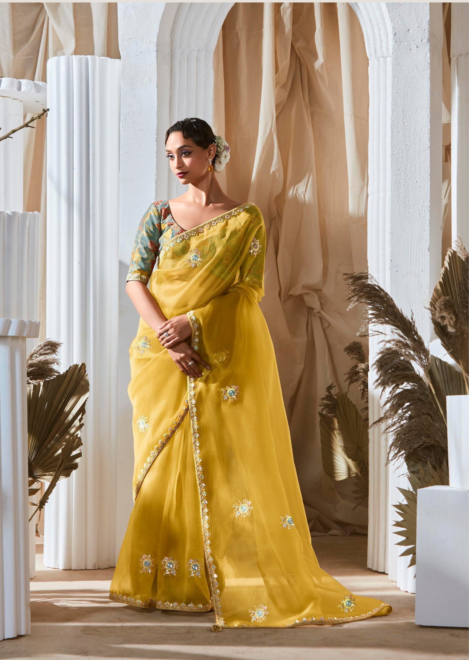 Yellow Organza Sequence Work Party Wear Saree