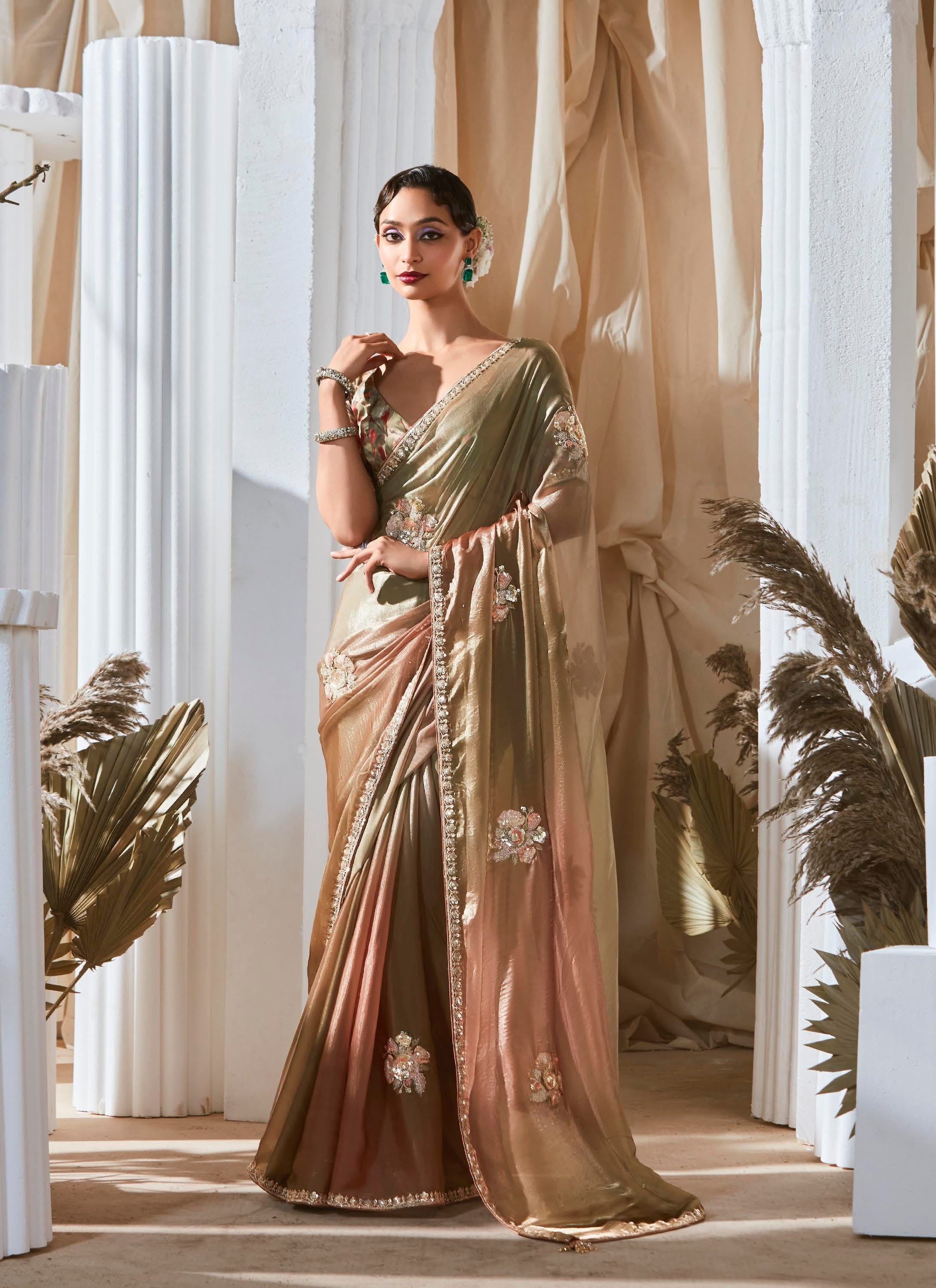Golden Beige Silk Sequence Work Party Wear Saree