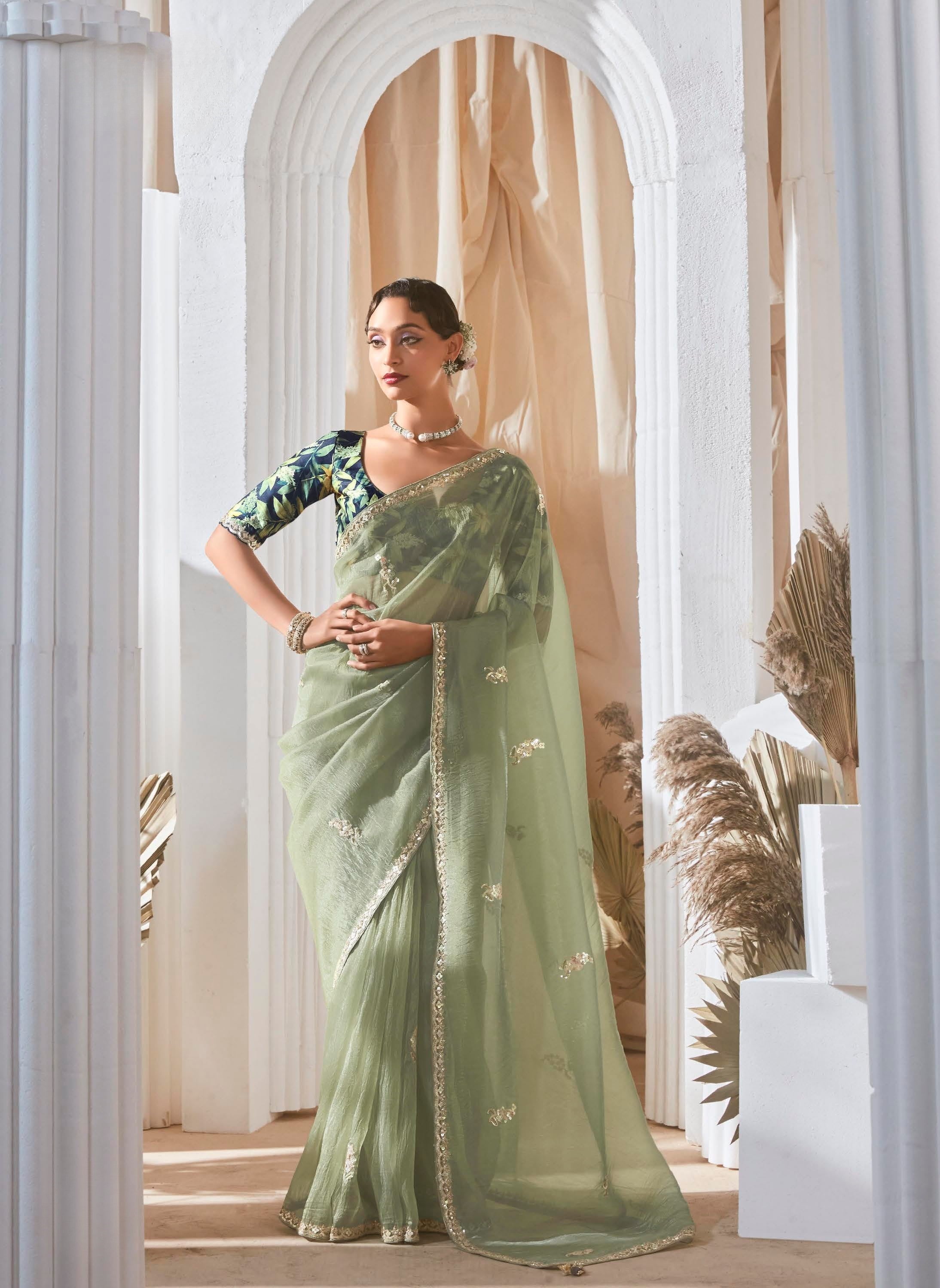 Sage Green Shimmer Chiffon Sequence Work Party Wear Saree
