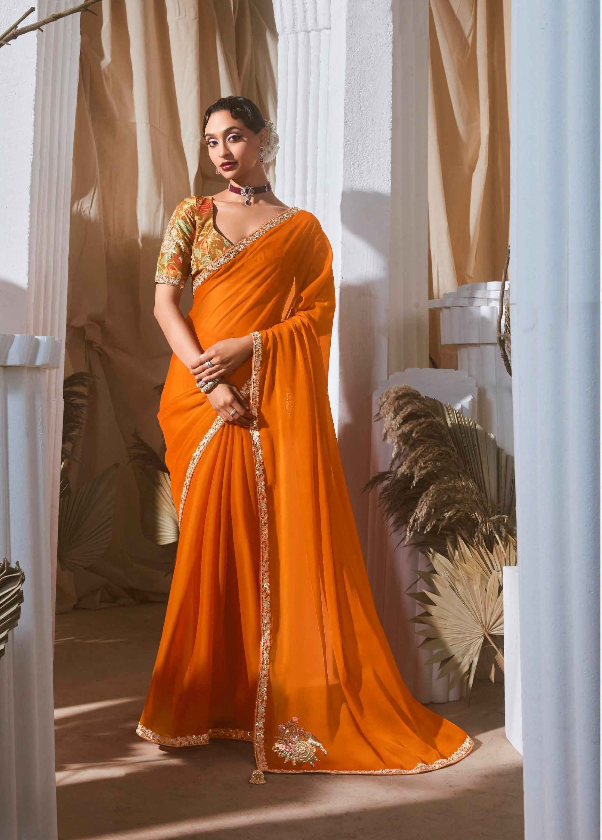 Orange Georgette Sequence Work Party Wear Saree