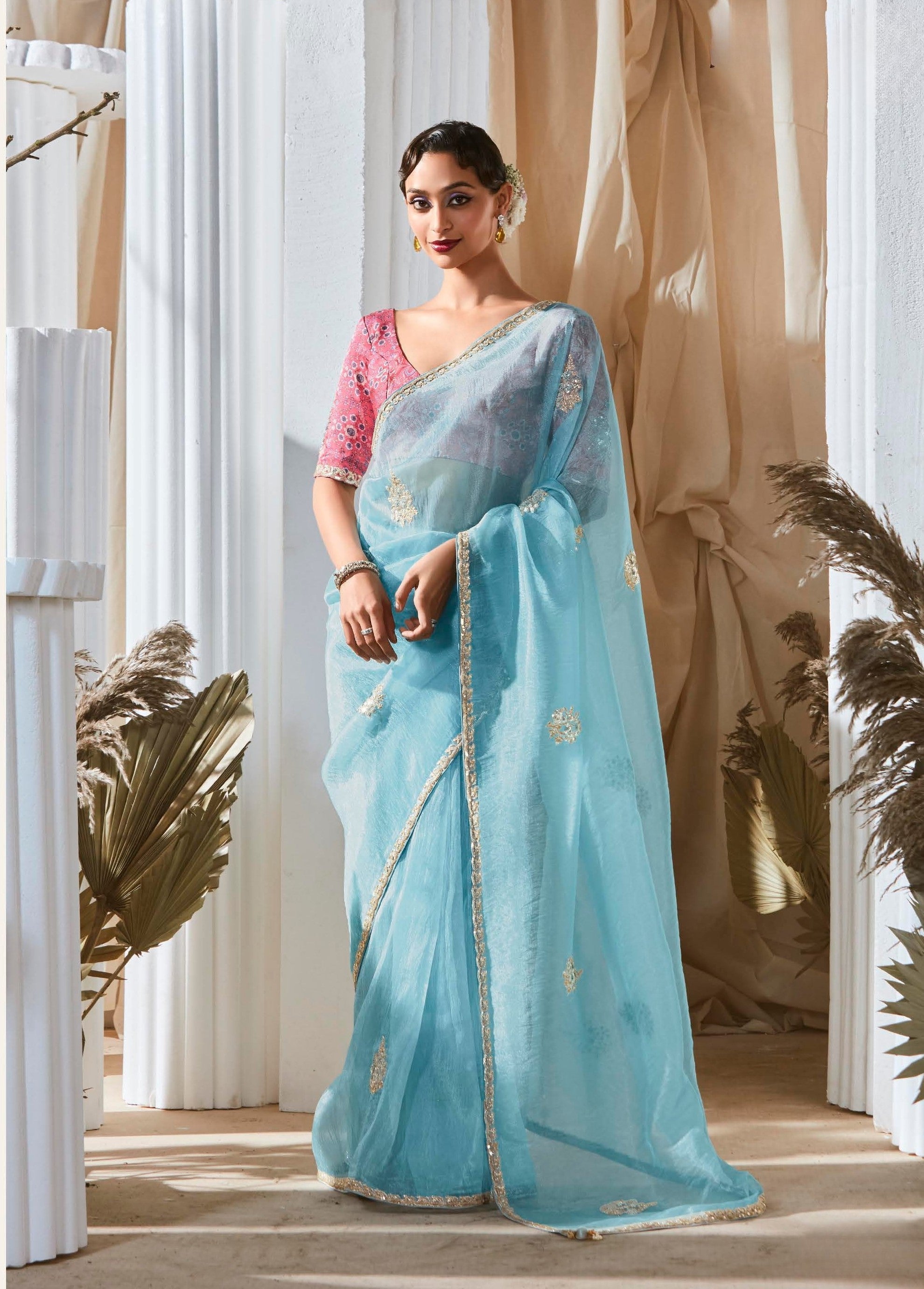 Sky Blue Organza Sequence Work Party Wear Saree