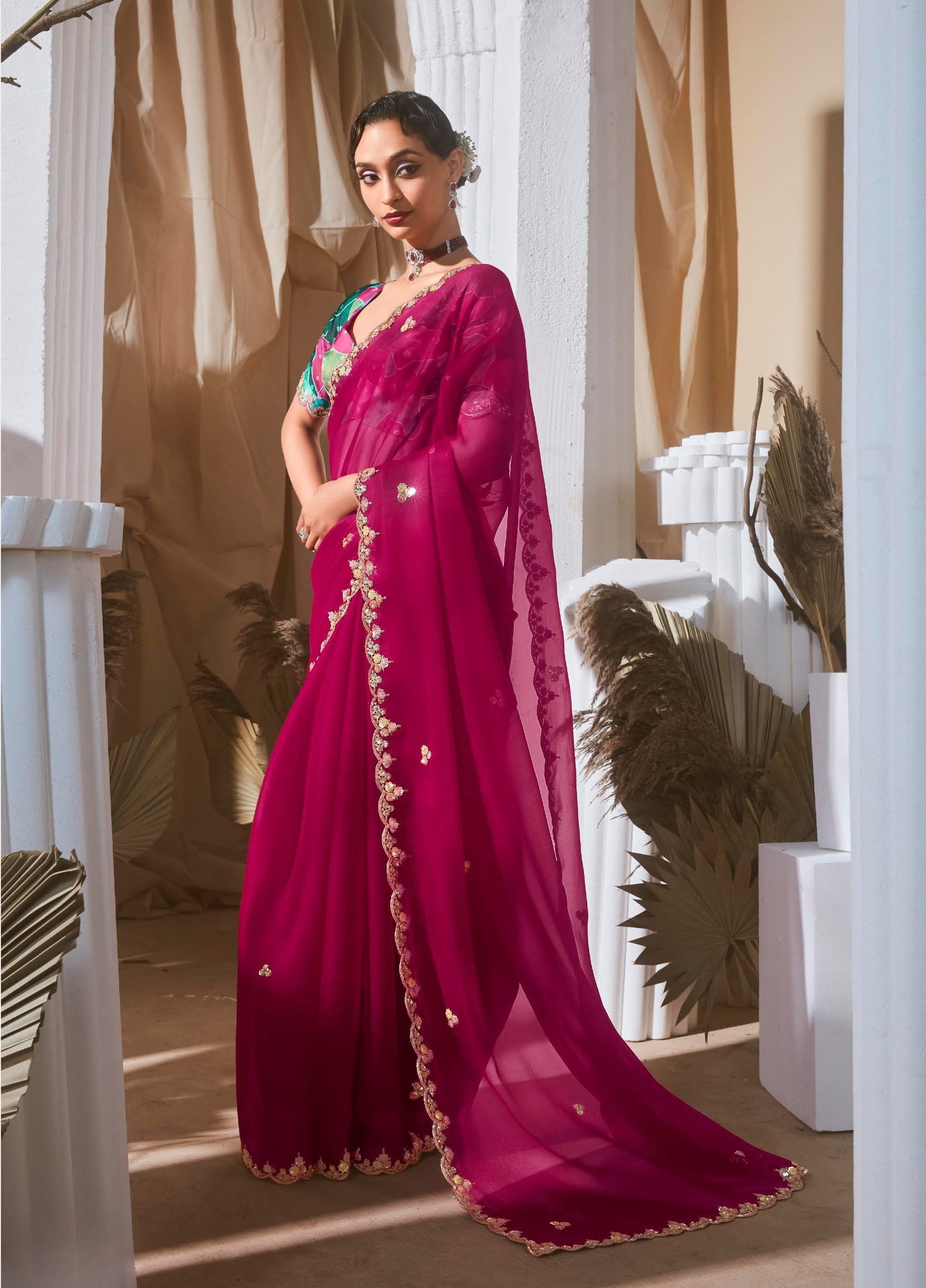 Rani Pink Organza Sequence Work Party Wear Saree