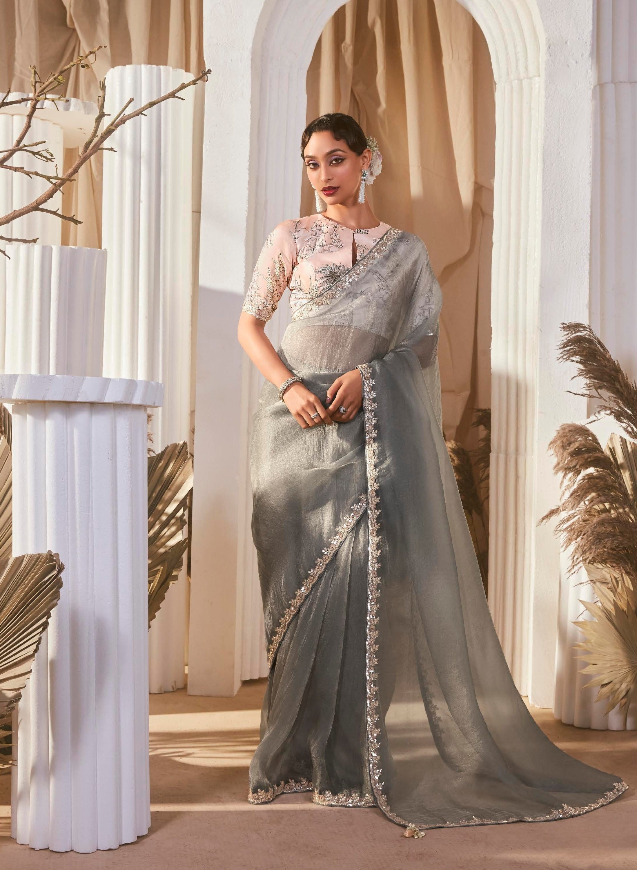 Grey Organza Sequence Work Party Wear Saree