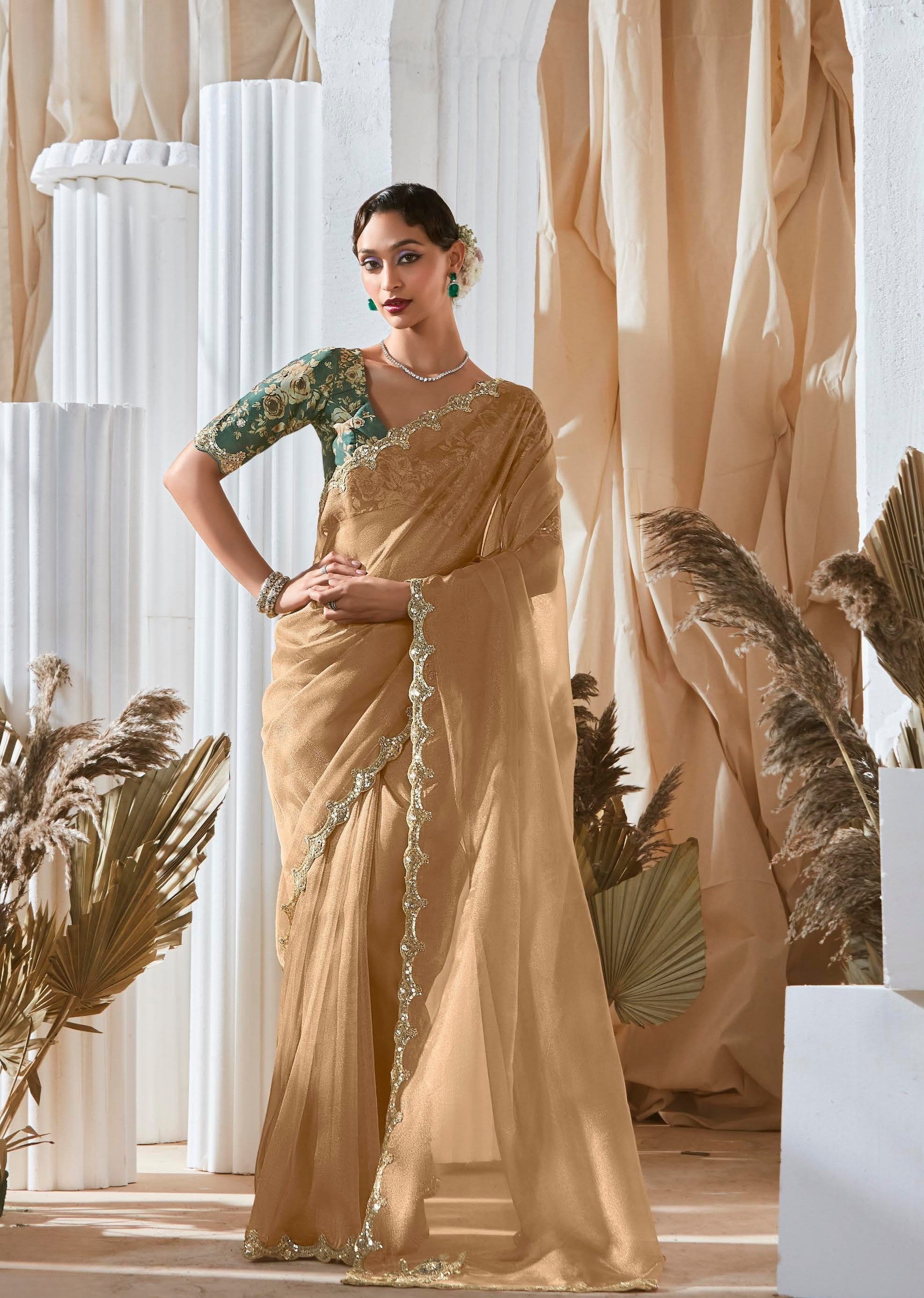 Brown Satin Tissue Sequence Work Party Wear Saree