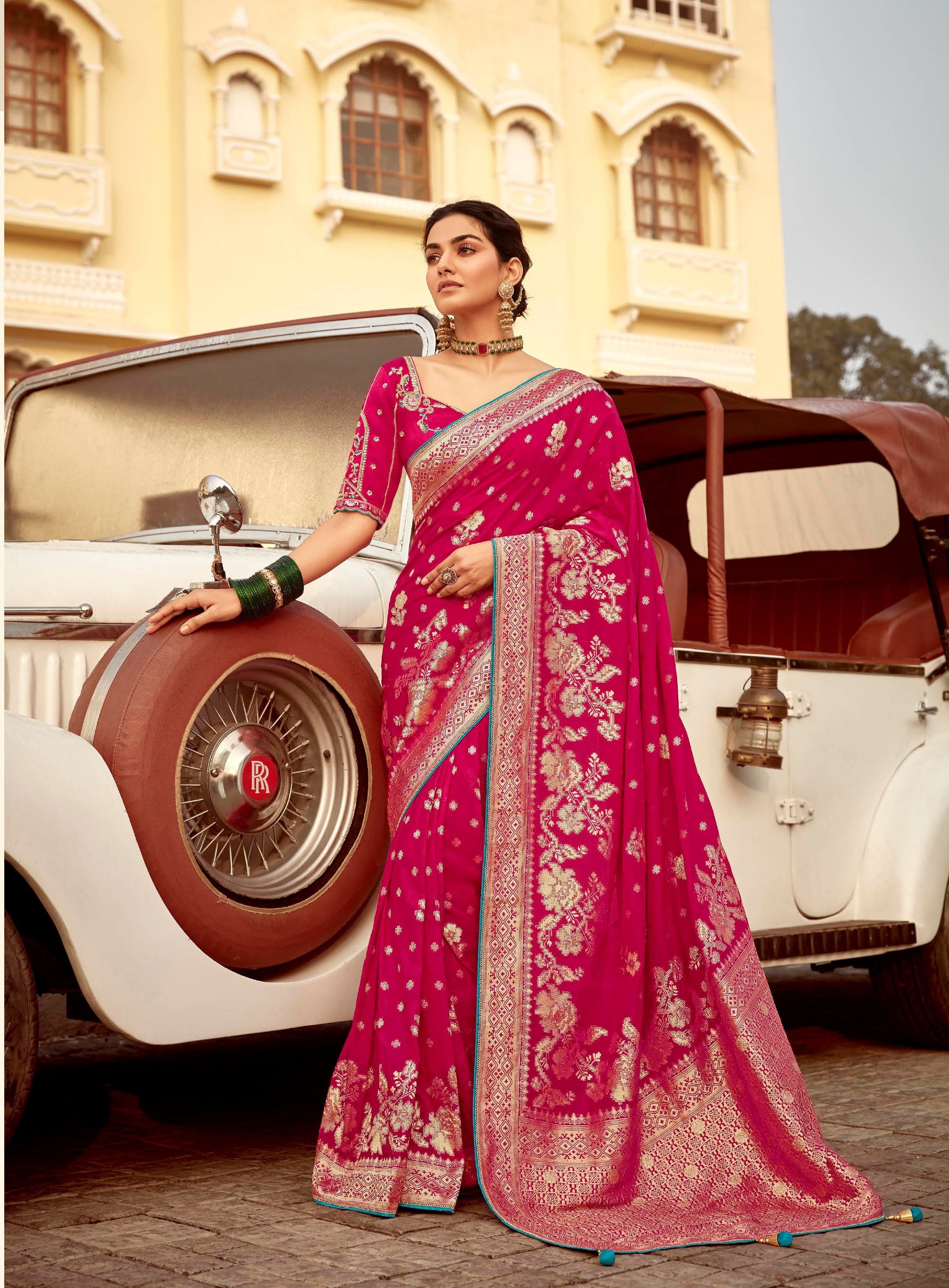 Hot Pink Pure Dola Silk Festival Wear Saree